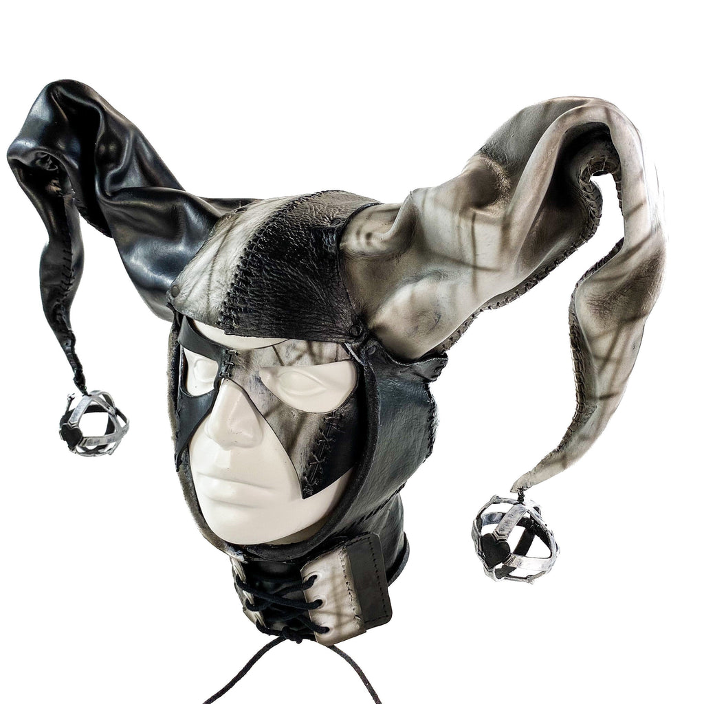 In Stock - Handcrafted Genuine Leather Jester Mask in Black and White Rockwell Masks