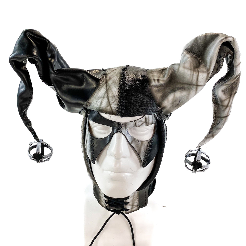 In Stock - Handcrafted Genuine Leather Jester Mask in Black and White Rockwell Masks