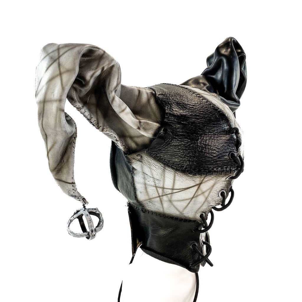 In Stock - Handcrafted Genuine Leather Jester Mask in Black and White Rockwell Masks