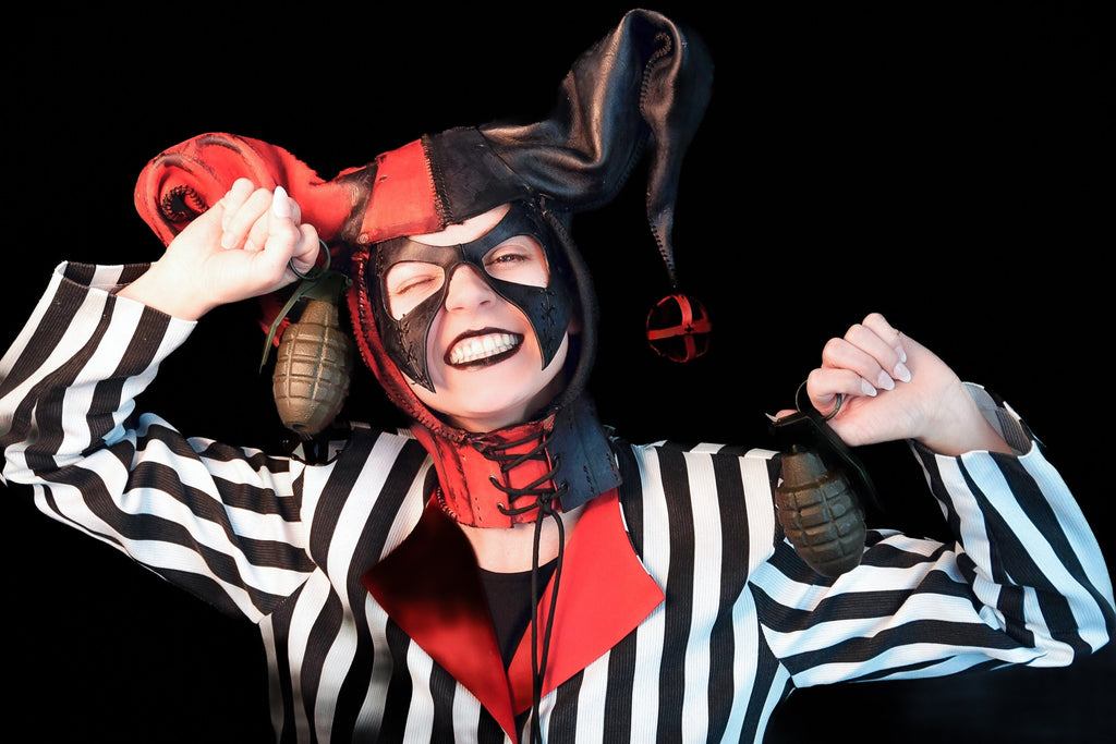 Jester Helmet Genuine Leather Mask in Red and Black Rockwell Masks