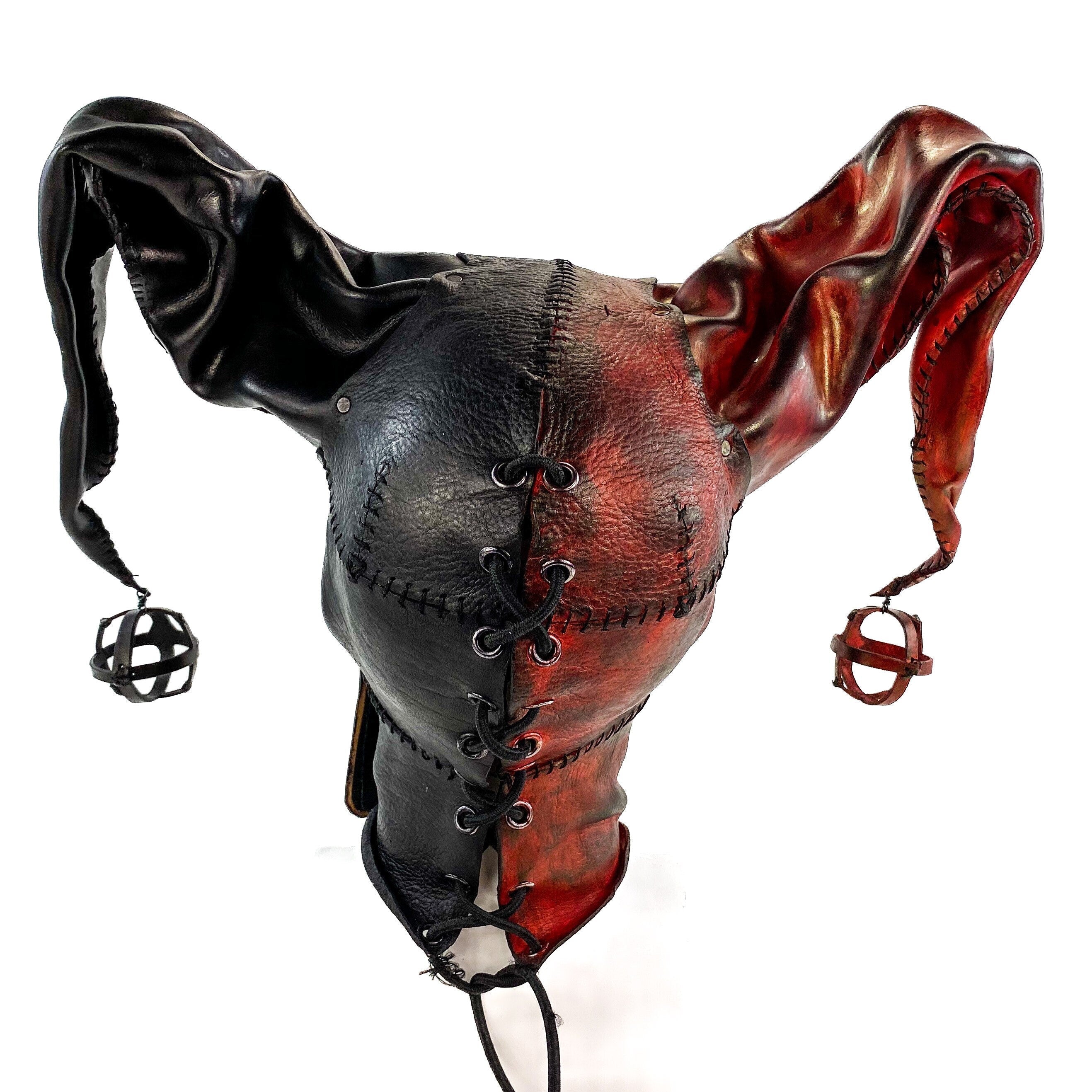 Jester Helmet Genuine Leather Mask in Red and Black Rockwell Masks