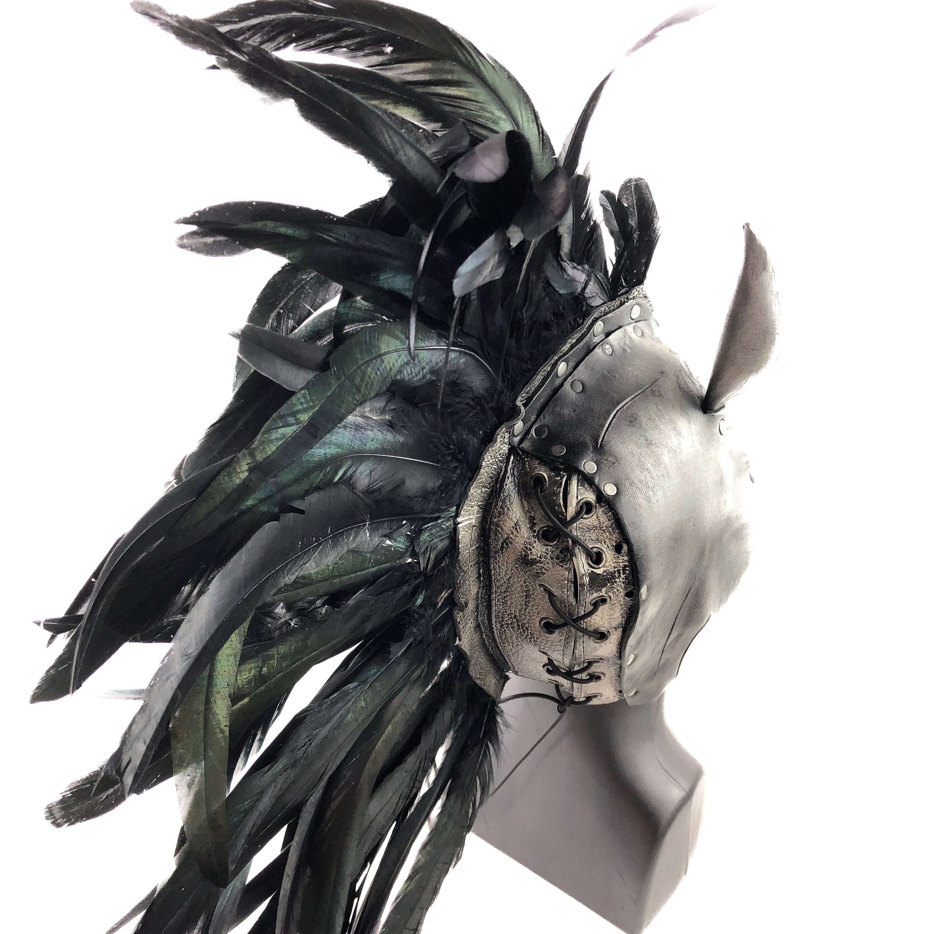 Flying Horse Handmade Genuine Leather Mask with Feathers Rockwell Masks