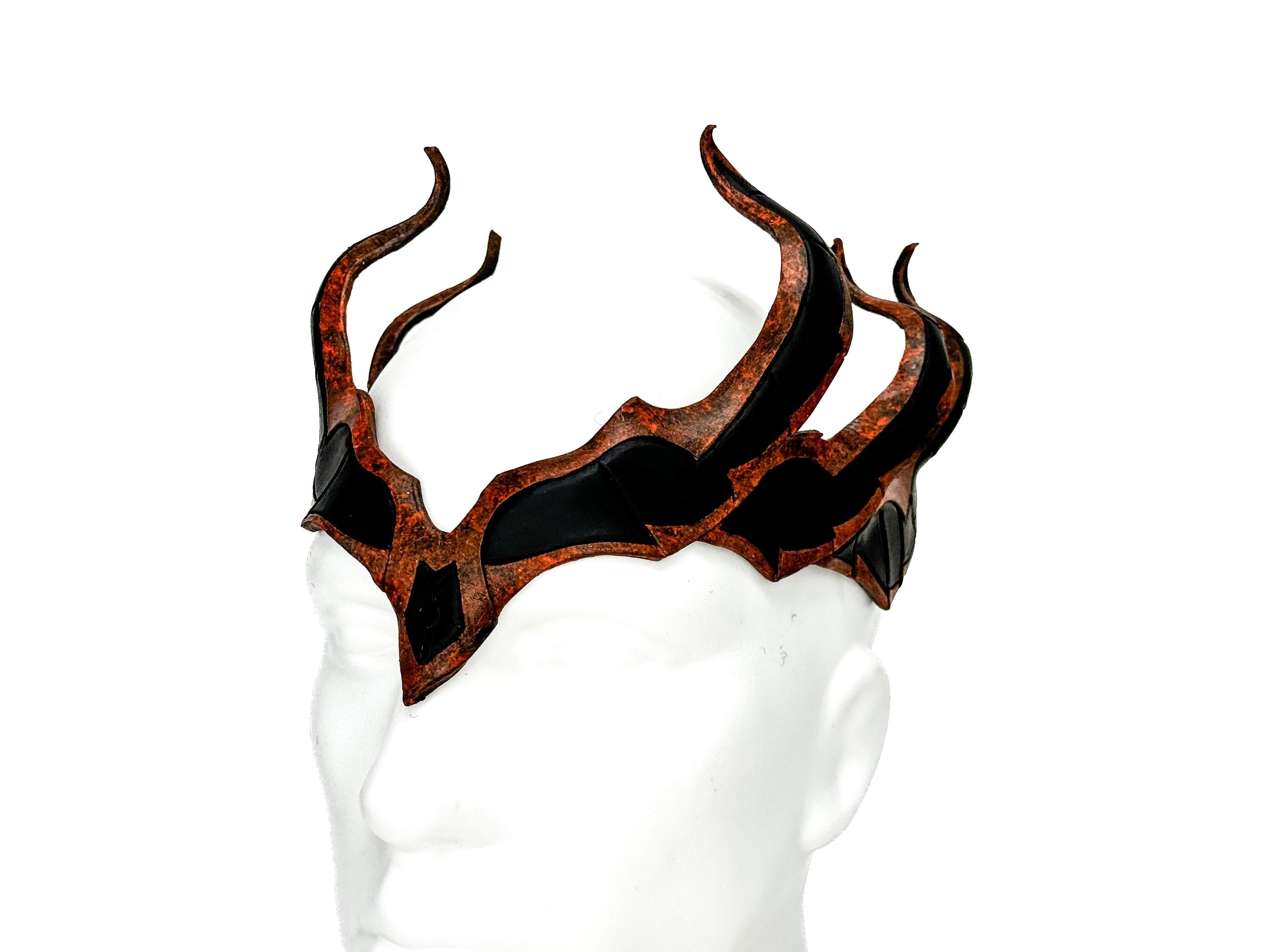 Rust Colored Masquerade Crown of Handmade Genuine Leather in  Green and Black Rockwell Masks
