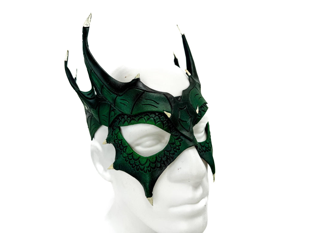 Green Dragon Crown Eye Mask - Handmade Genuine Leather - Masquerade, Halloween or Cosplay Costume Rockwell Masks