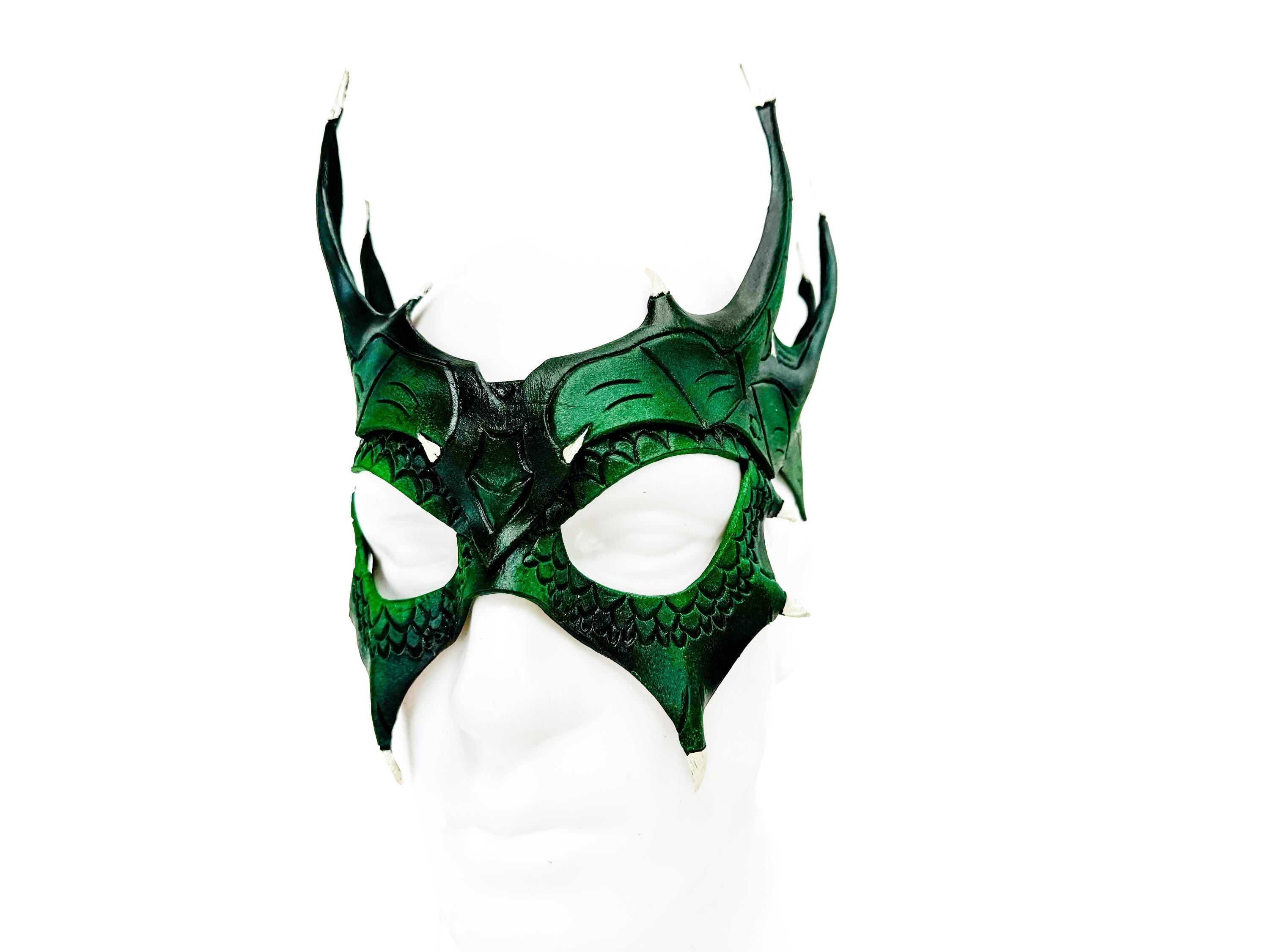Green Dragon Crown Eye Mask - Handmade Genuine Leather - Masquerade, Halloween or Cosplay Costume Rockwell Masks