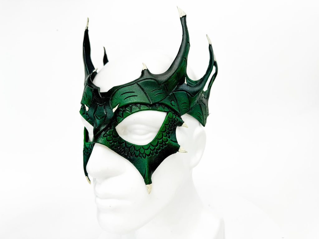 Green Dragon Crown Eye Mask - Handmade Genuine Leather - Masquerade, Halloween or Cosplay Costume Rockwell Masks