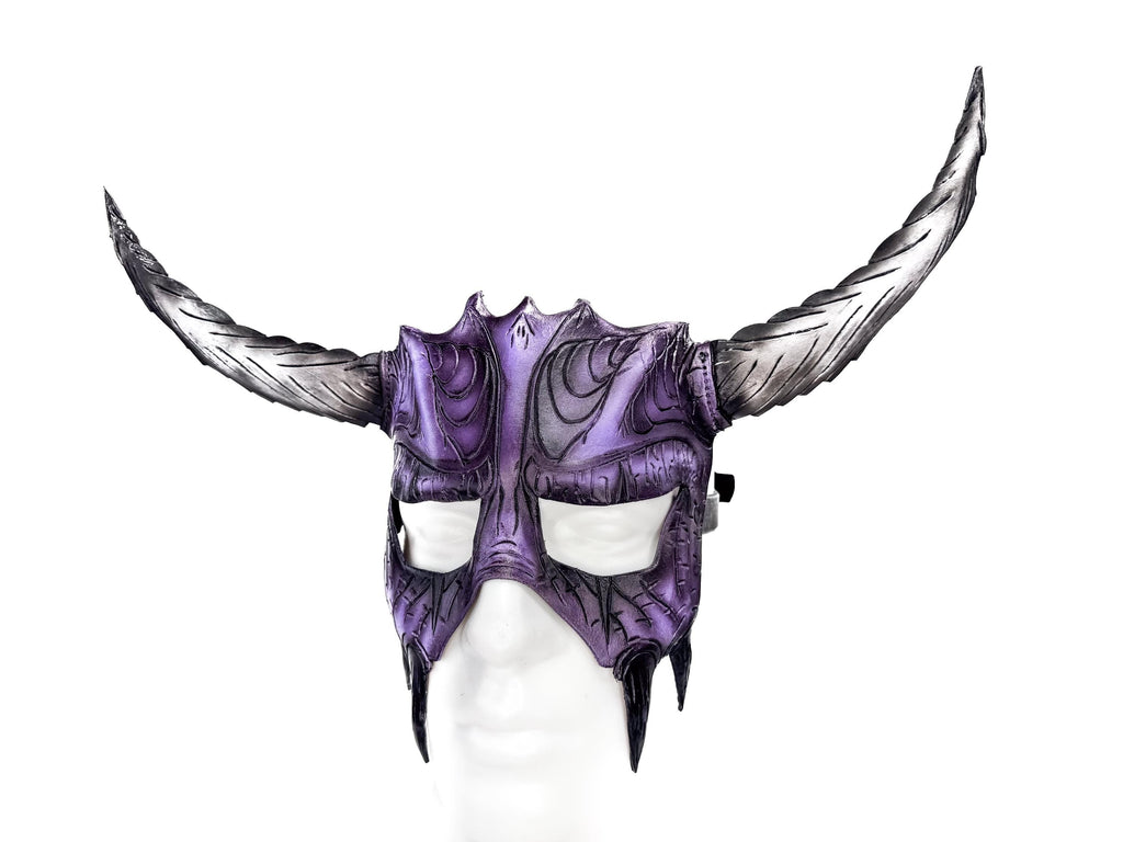 Handmade Genuine Leather Mask with Horns in Purple and White  The Horned Beast Rockwell Masks