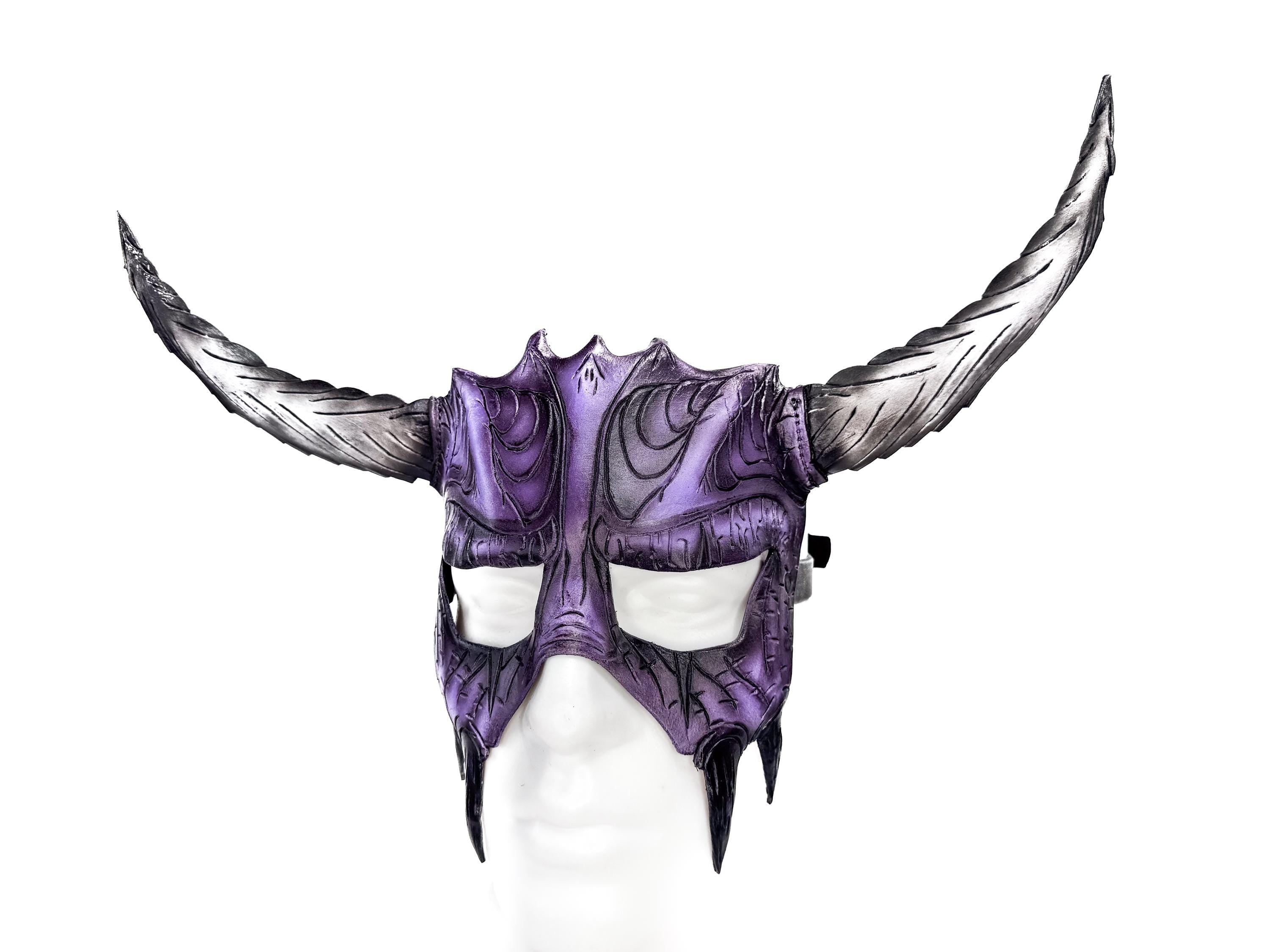 Handmade Genuine Leather Mask with Horns in Purple and White  The Horned Beast Rockwell Masks