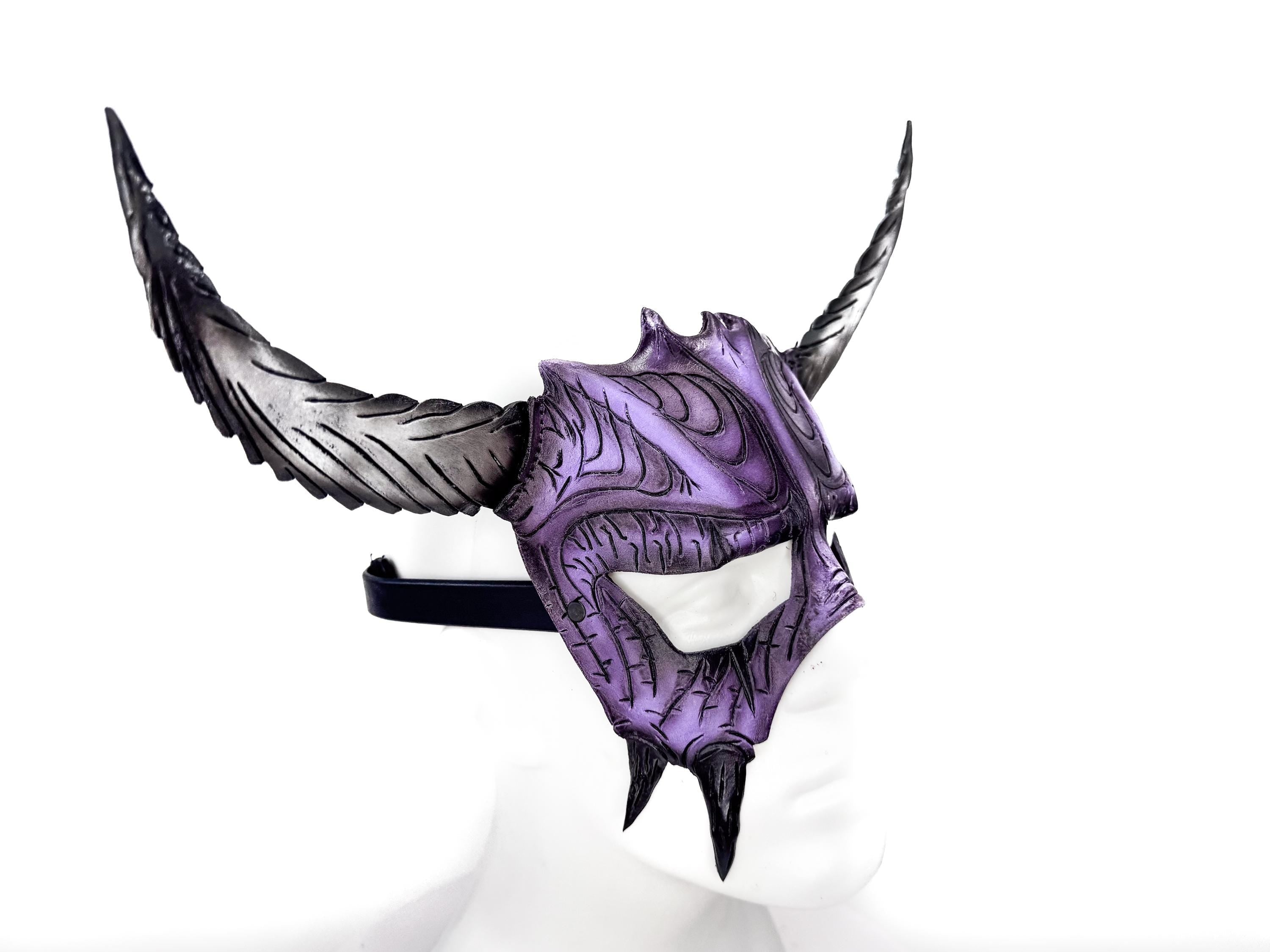 Handmade Genuine Leather Mask with Horns in Purple and White  The Horned Beast Rockwell Masks