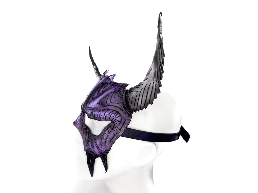 Handmade Genuine Leather Mask with Horns in Purple and White  The Horned Beast Rockwell Masks
