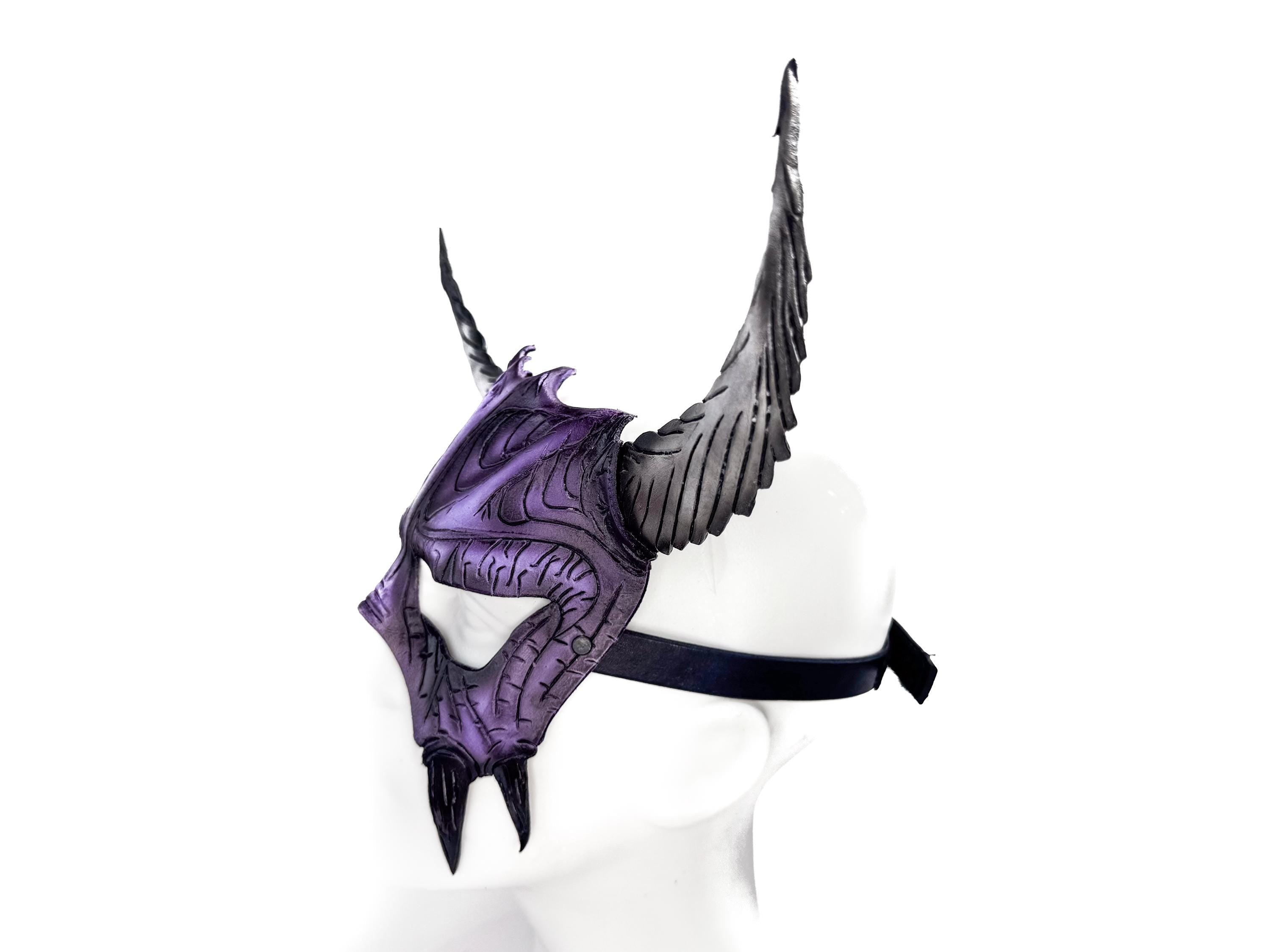 Handmade Genuine Leather Mask with Horns in Purple and White  The Horned Beast Rockwell Masks