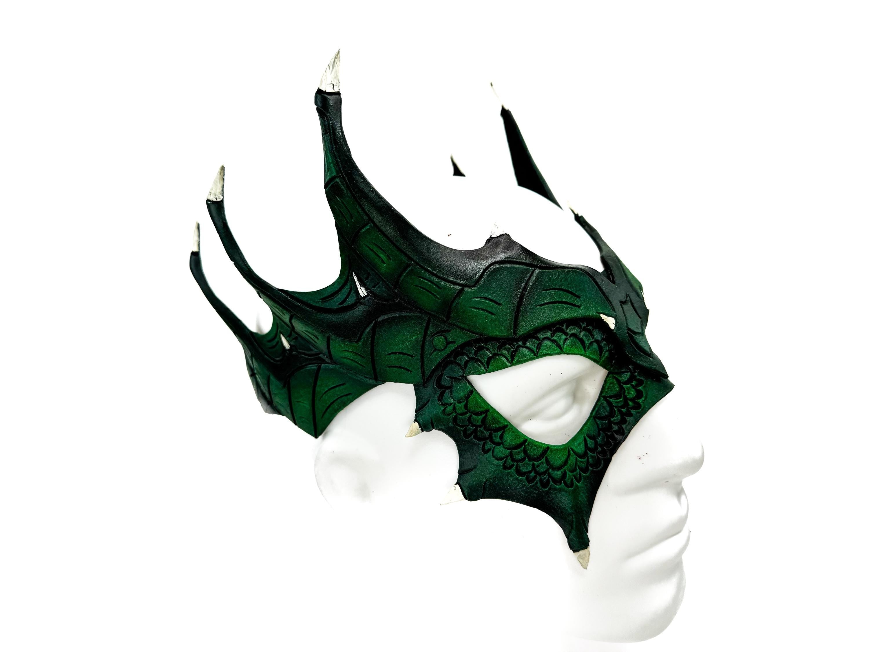 Green Dragon Crown Eye Mask - Handmade Genuine Leather - Masquerade, Halloween or Cosplay Costume Rockwell Masks