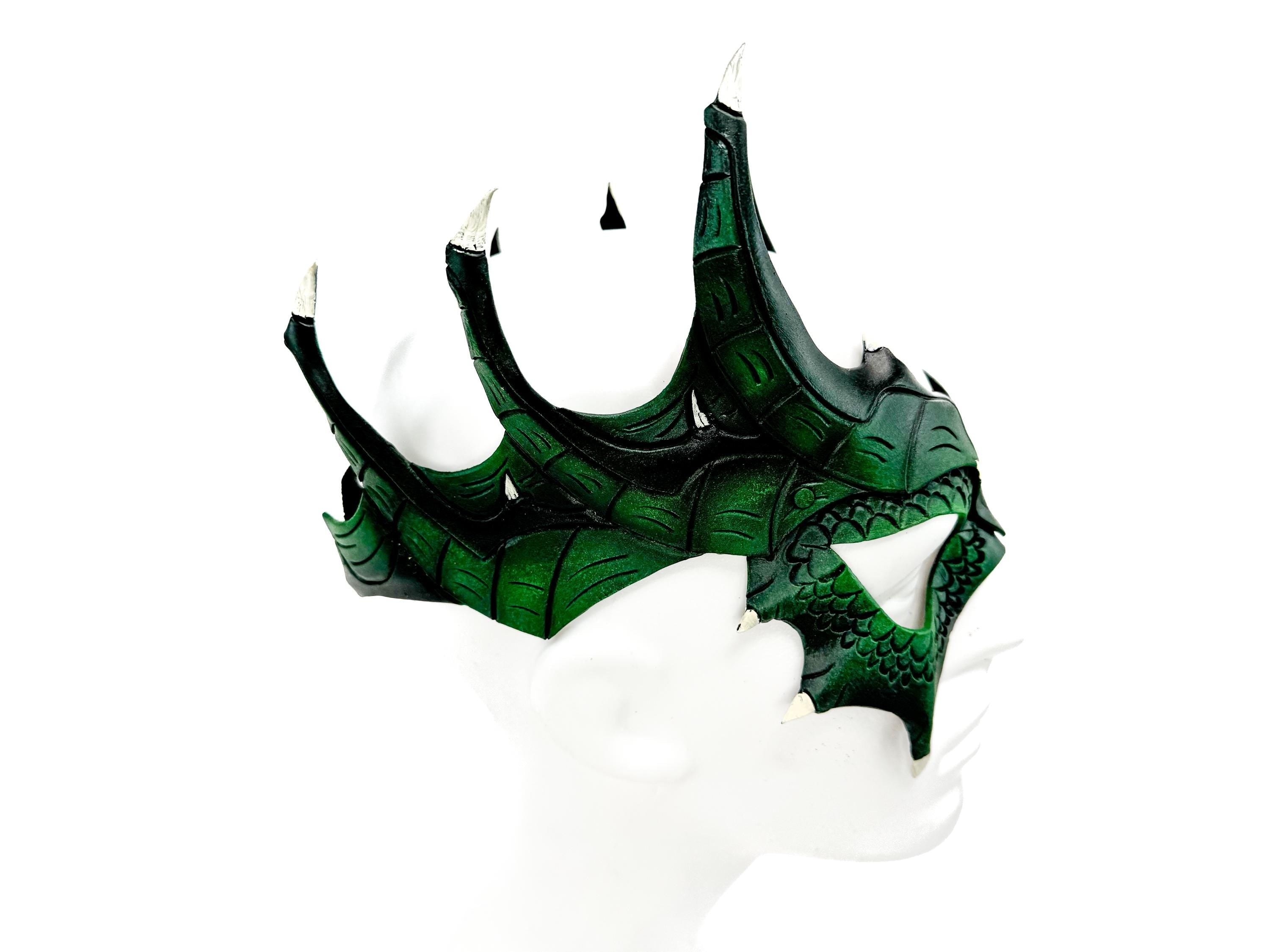 Green Dragon Crown Eye Mask - Handmade Genuine Leather - Masquerade, Halloween or Cosplay Costume Rockwell Masks