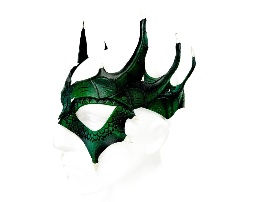 Green Dragon Crown Eye Mask - Handmade Genuine Leather - Masquerade, Halloween or Cosplay Costume Rockwell Masks