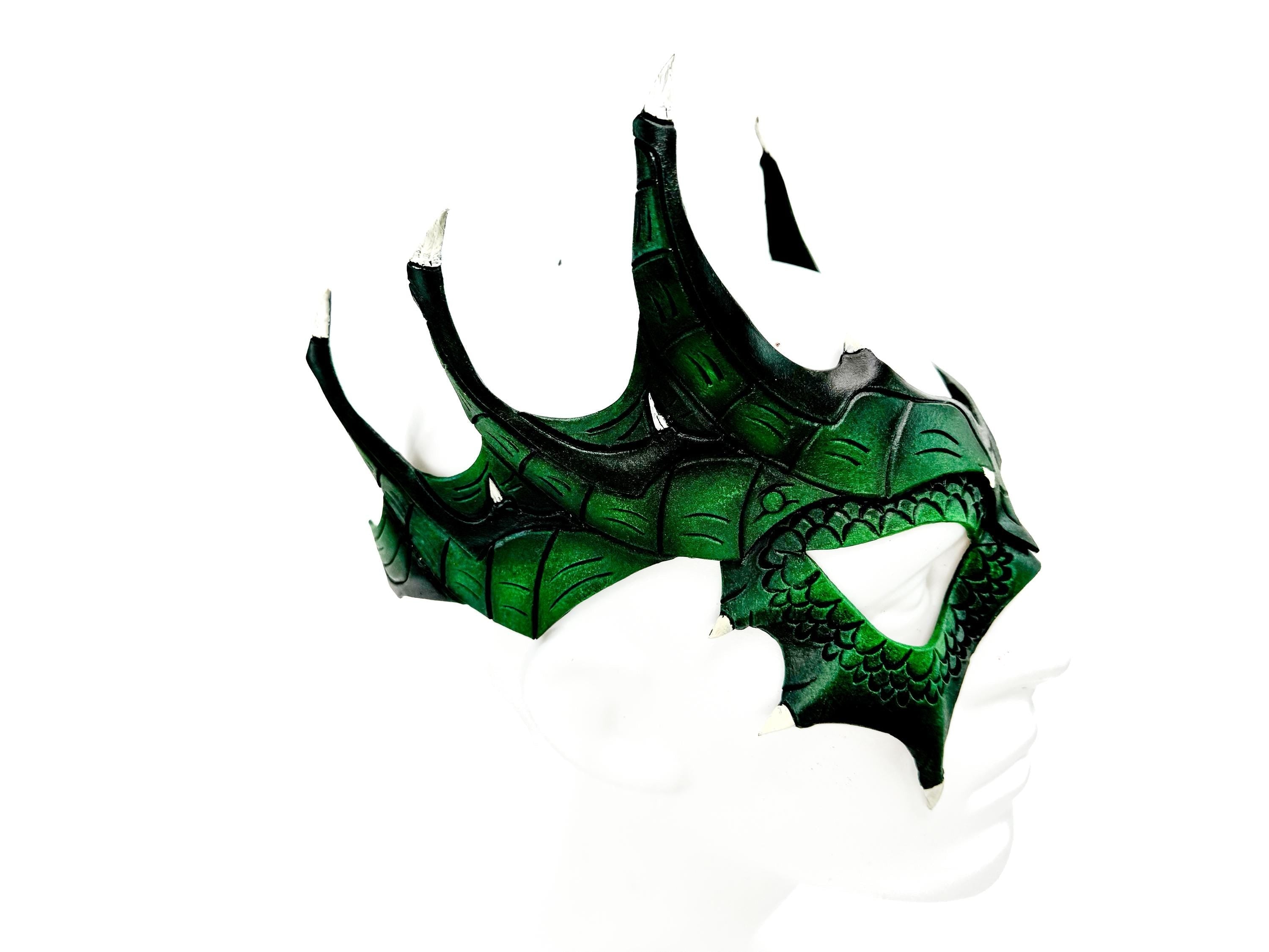 Green Dragon Crown Eye Mask - Handmade Genuine Leather - Masquerade, Halloween or Cosplay Costume Rockwell Masks