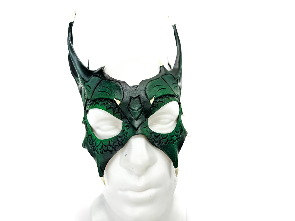 Green Dragon Crown Eye Mask - Handmade Genuine Leather - Masquerade, Halloween or Cosplay Costume Rockwell Masks