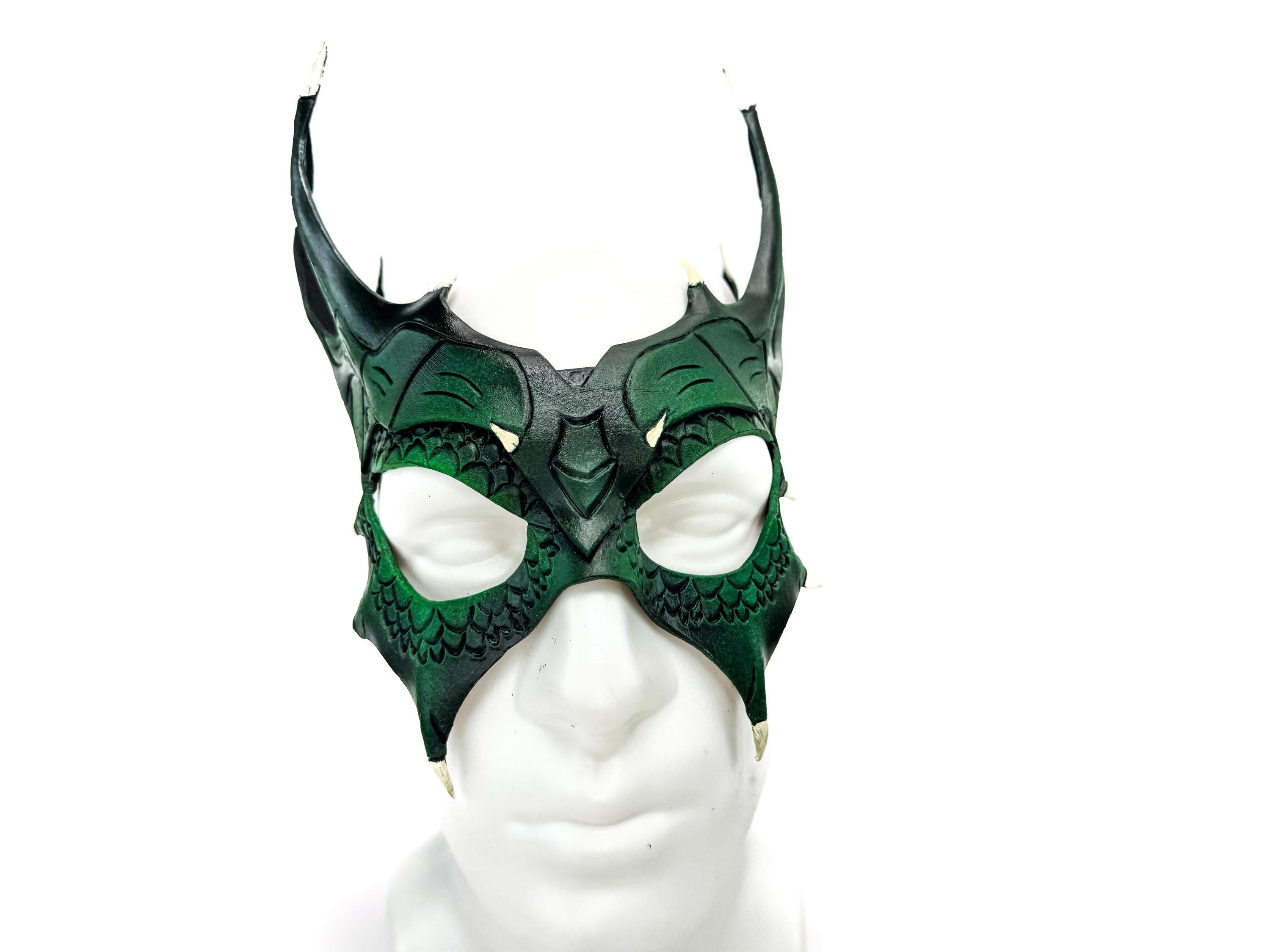 Green Dragon Crown Eye Mask - Handmade Genuine Leather - Masquerade, Halloween or Cosplay Costume Rockwell Masks