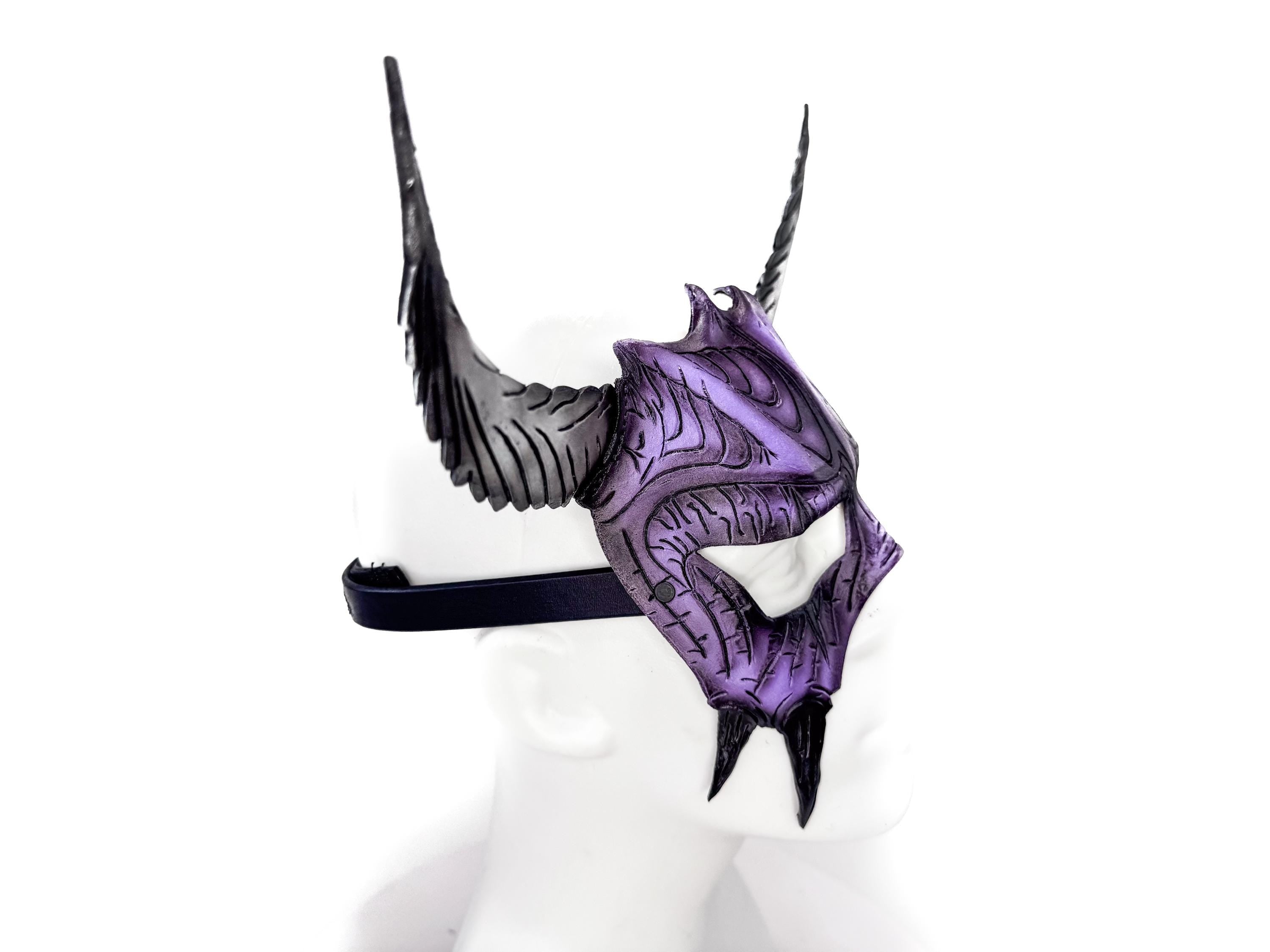 Handmade Genuine Leather Mask with Horns in Purple and White  The Horned Beast Rockwell Masks