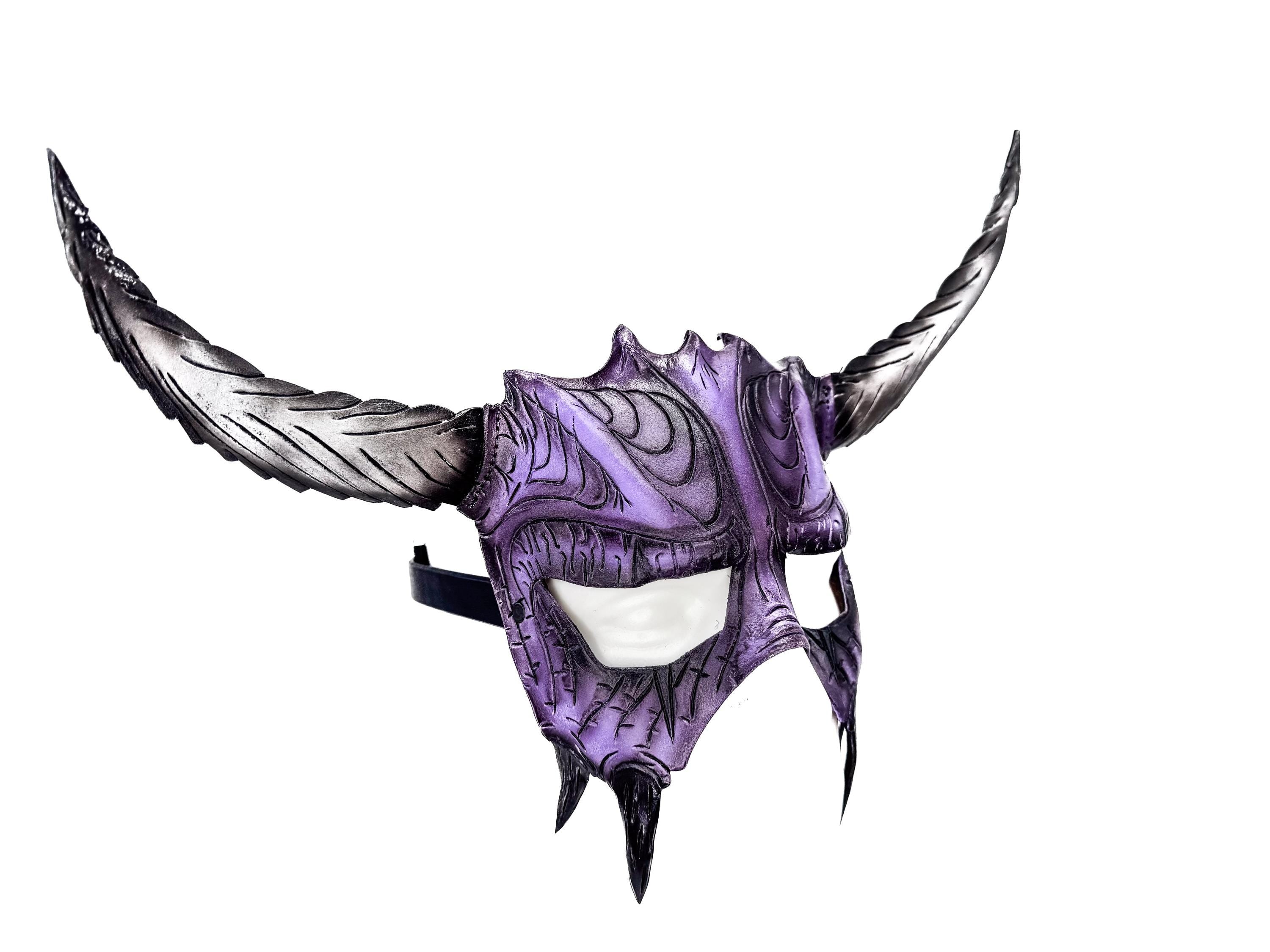 Handmade Genuine Leather Mask with Horns in Purple and White  The Horned Beast Rockwell Masks