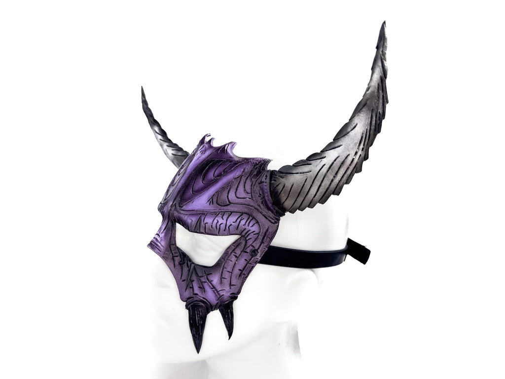 Handmade Genuine Leather Mask with Horns in Purple and White  The Horned Beast Rockwell Masks