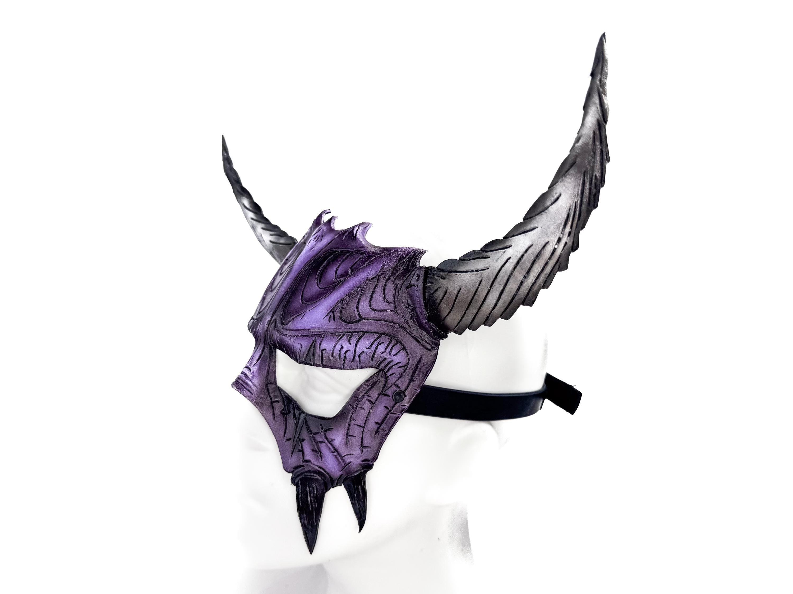 Handmade Genuine Leather Mask with Horns in Purple and White  The Horned Beast Rockwell Masks