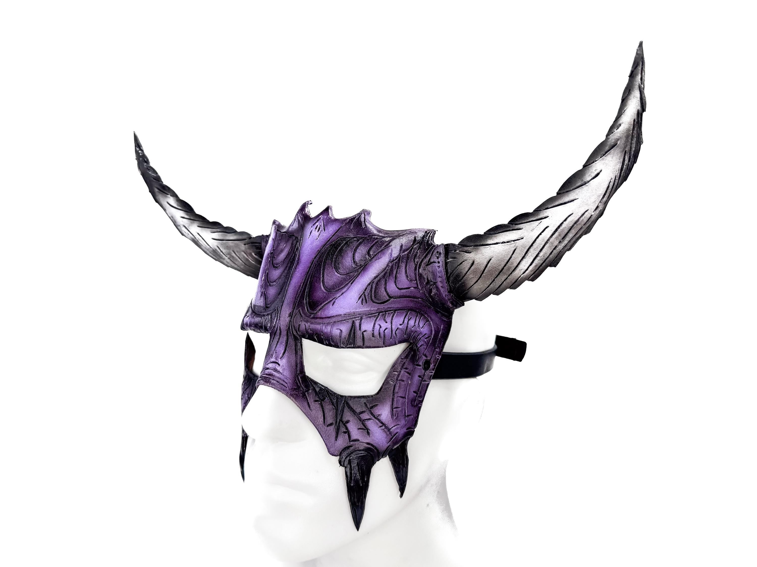 Handmade Genuine Leather Mask with Horns in Purple and White  The Horned Beast Rockwell Masks
