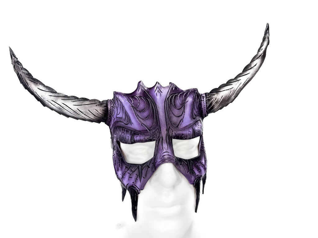 Handmade Genuine Leather Mask with Horns in Purple and White  The Horned Beast Rockwell Masks