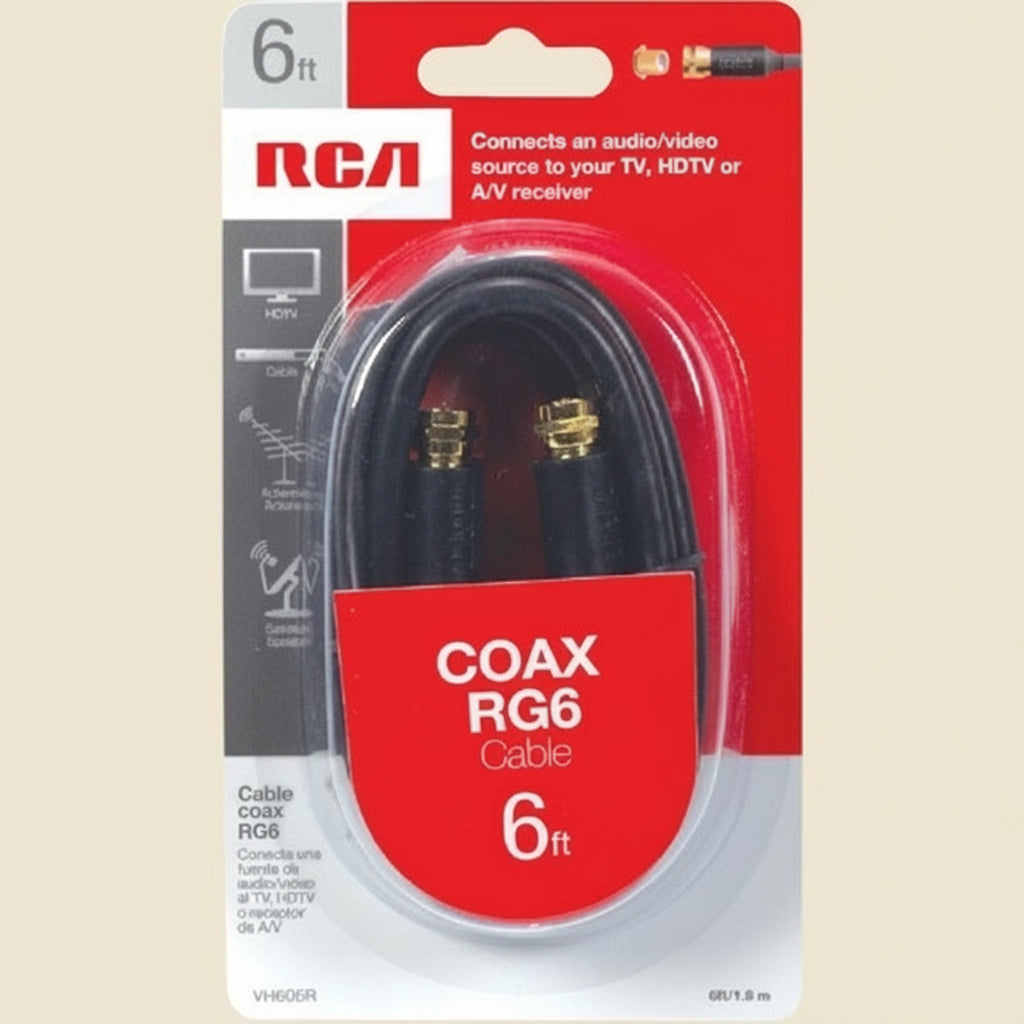 RCA 6-Foot Black Digital RG6 Coaxial Cable – Gold-Plated Connectors (VH606R) COLO