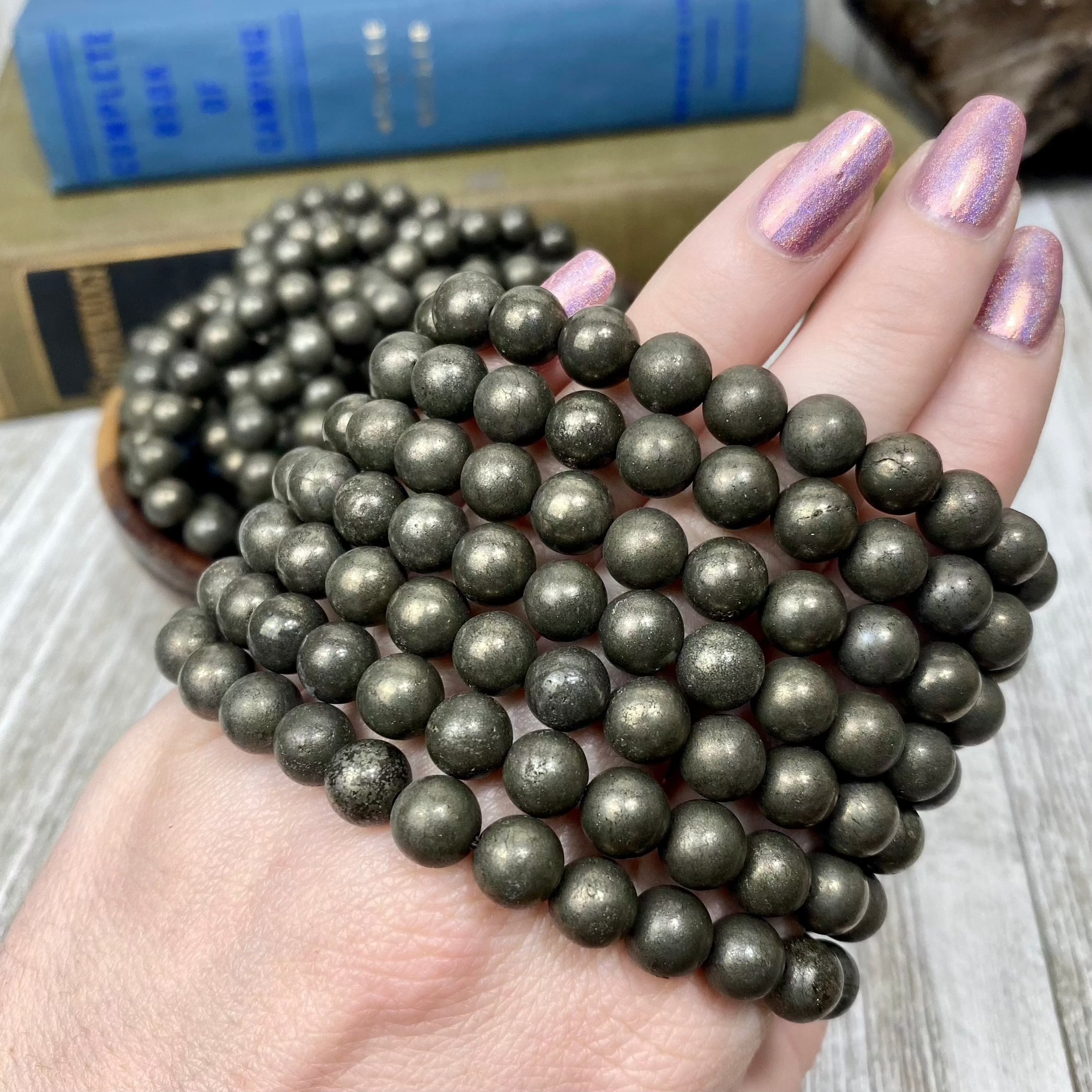 Pyrite 8mm Round Bead Crystal Bracelet Curious Muse Crystals