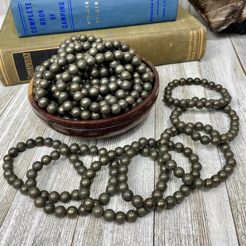 Pyrite 8mm Round Bead Crystal Bracelet Curious Muse Crystals