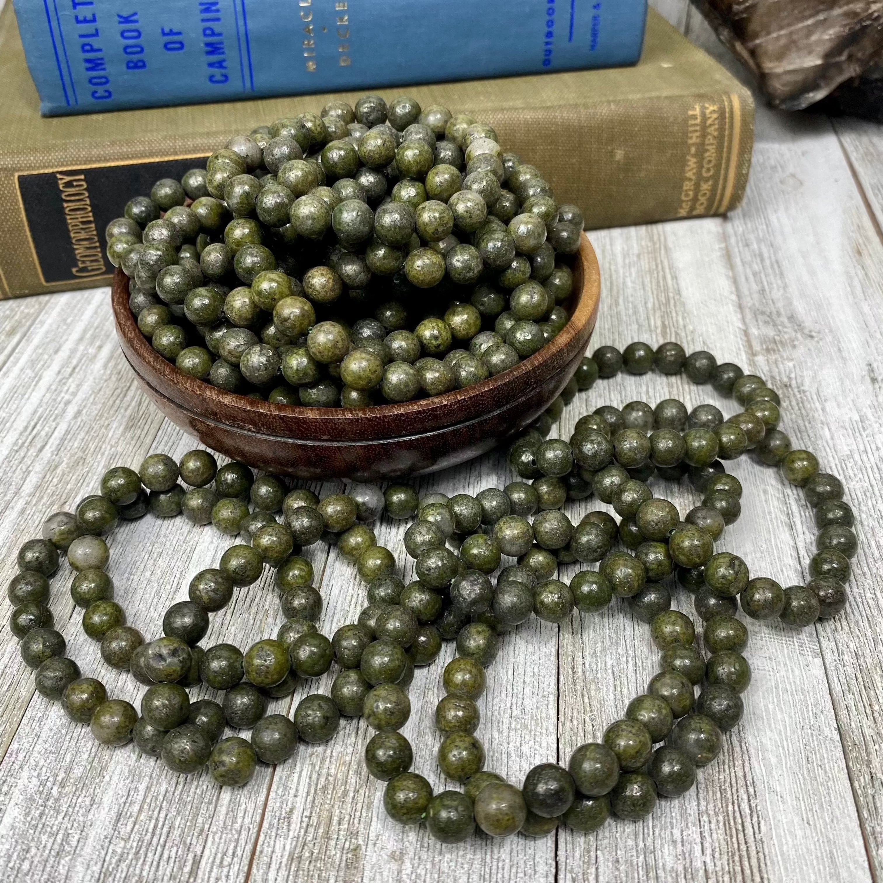 Epidote with Pyrite 8mm Round Bead Crystal Bracelet Curious Muse Crystals