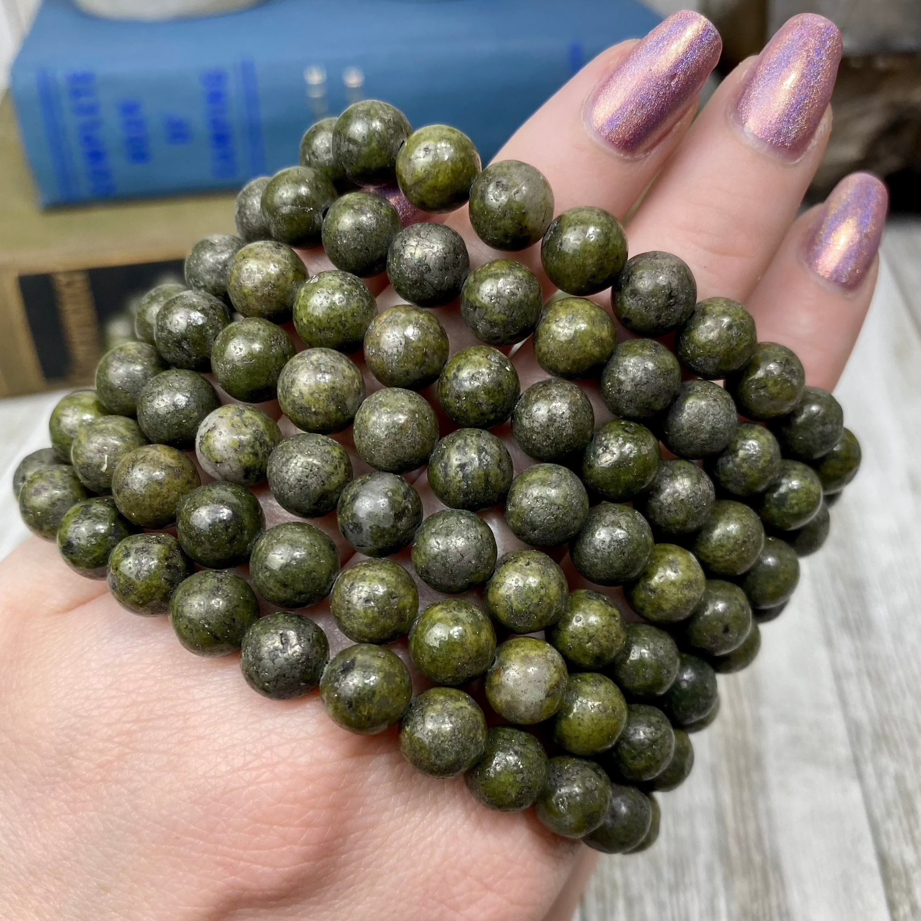 Epidote with Pyrite 8mm Round Bead Crystal Bracelet Curious Muse Crystals