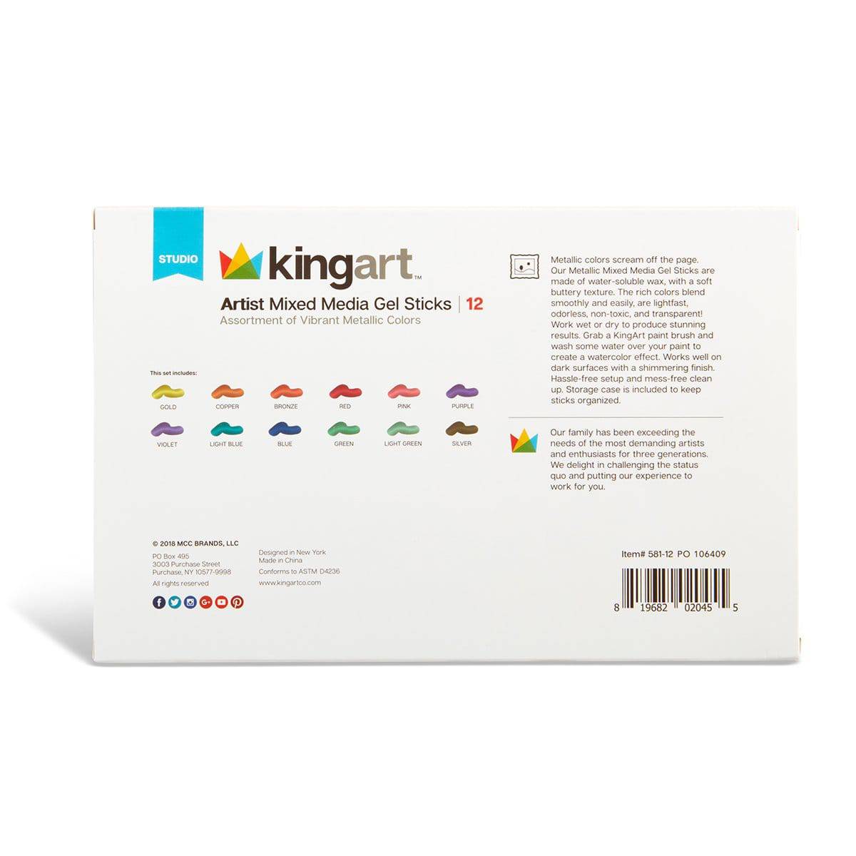 Gel Stick Crayons 12 Metallic Colors KINGART