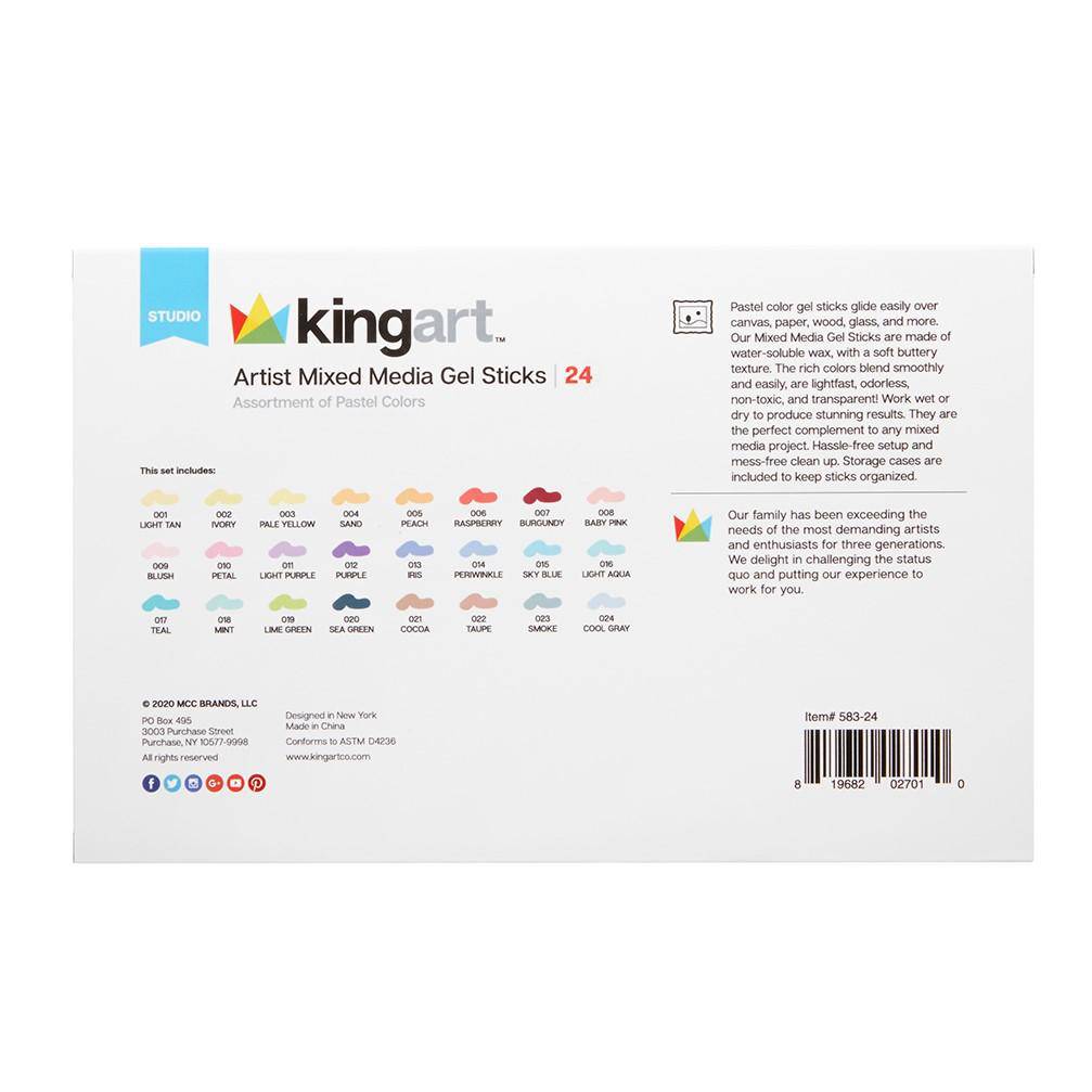 Mixed Media Gel Stick Crayons - 24 Pastel Colors KINGART