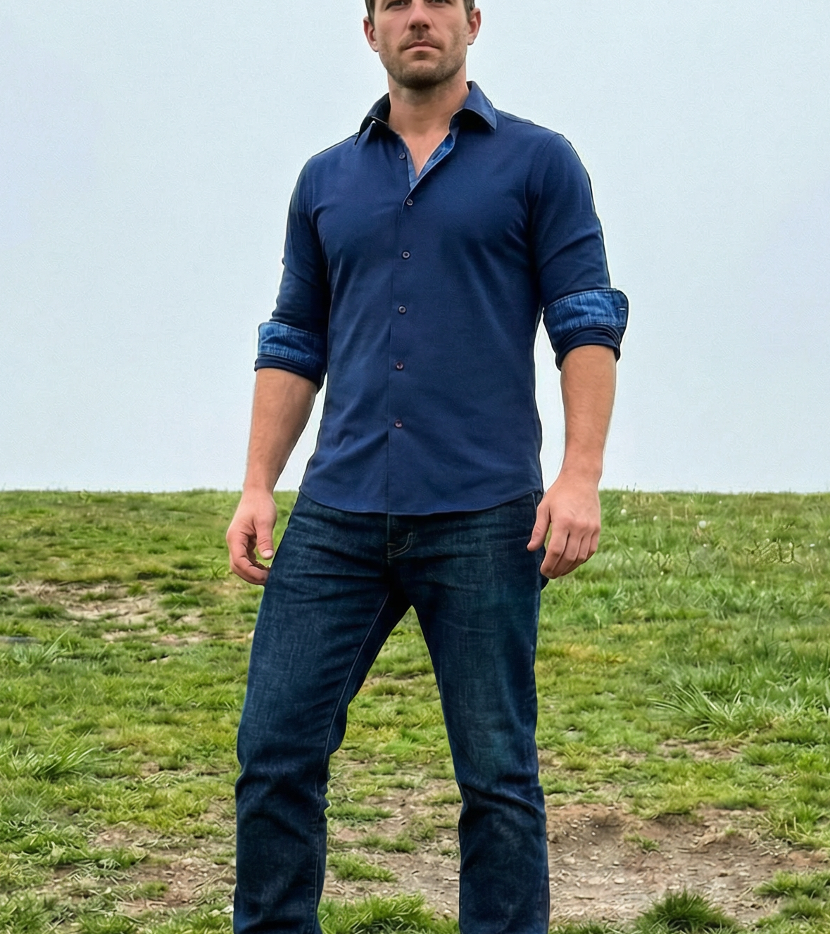 Paul// Cotton Knit-Stretch Button-Up Shirt With Contrast Details // Navy // Tailored Fit (Fitted) LEVINAS® Official