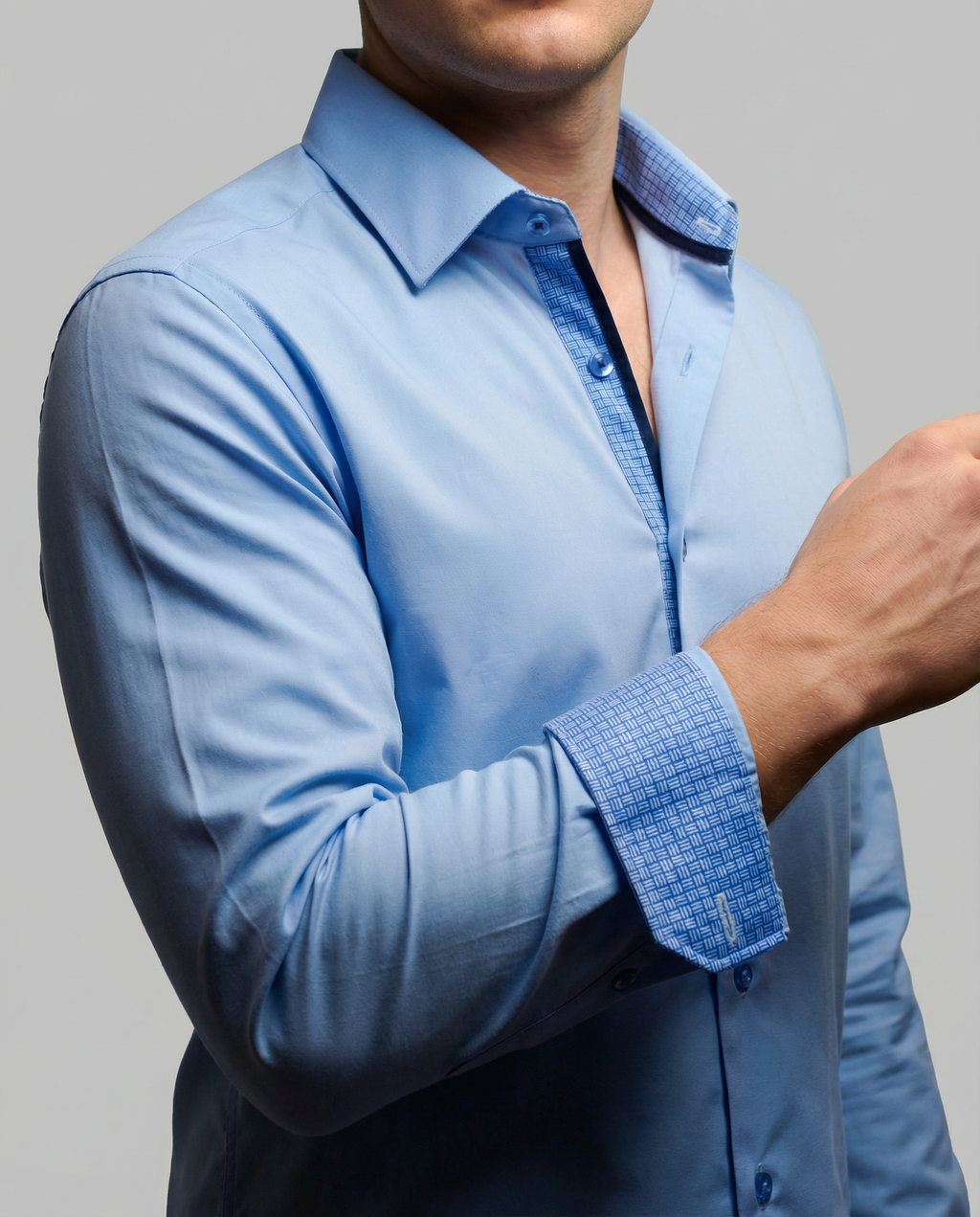 Levy// Cotton Knit-Stretch Button-Up Shirt With Contrast Details // Blue // Tailored Fit (Fitted) LEVINAS® Official