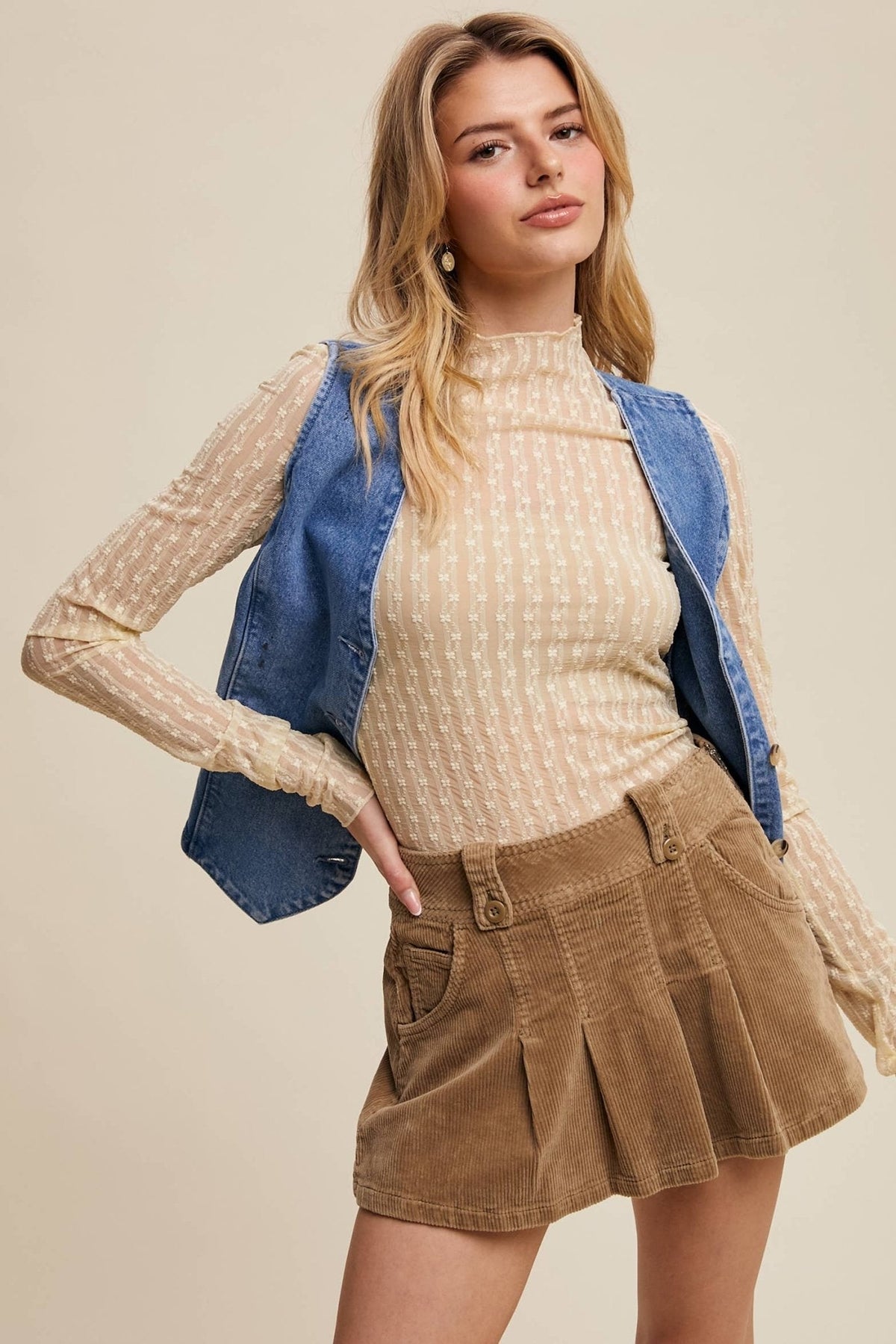 Listicle Lace Long-Sleeve Western Layering Top — Textured High Neck with Ruffle Detail (Tan or Butter) Cowhide and Conchos
