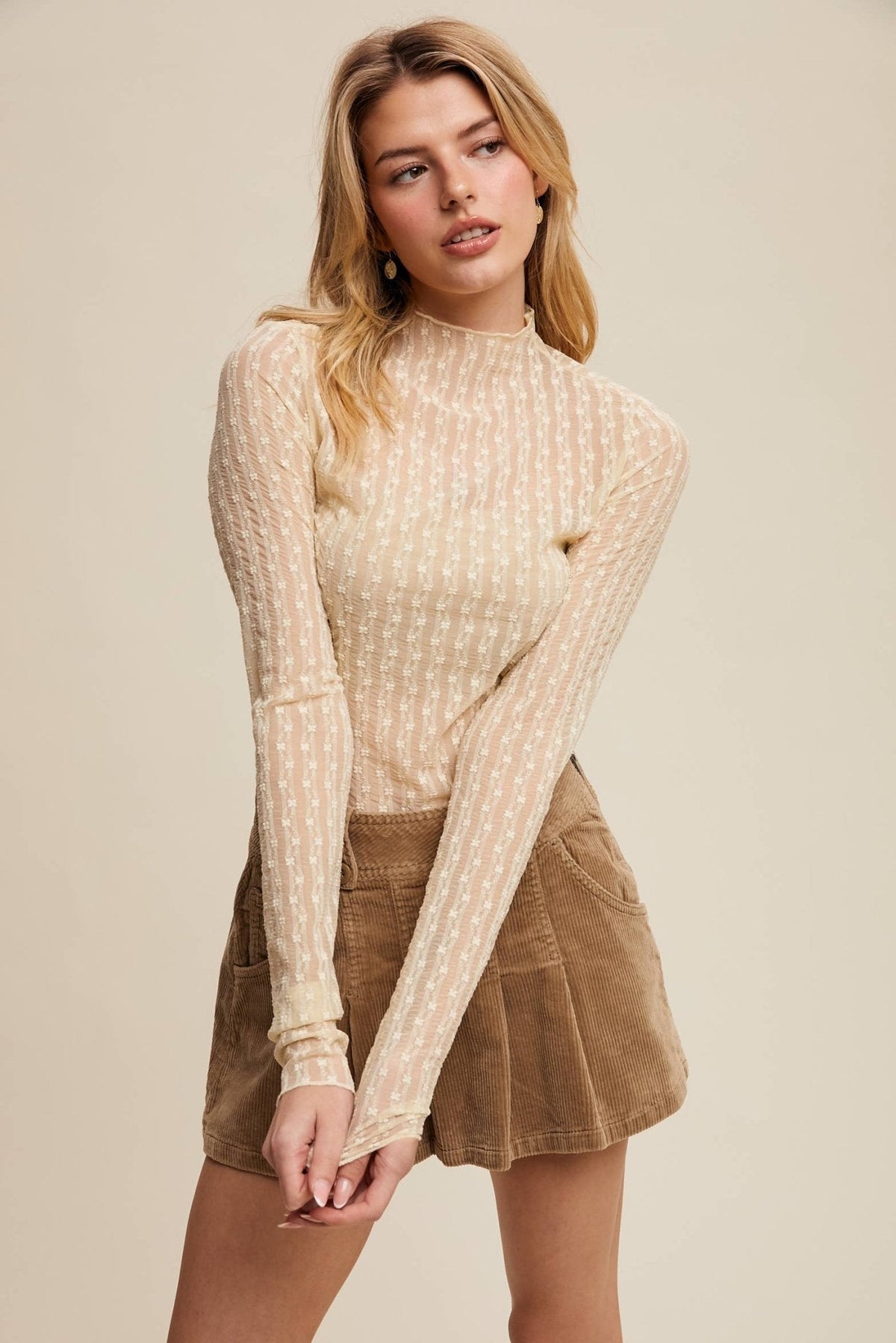 Listicle Lace Long-Sleeve Western Layering Top — Textured High Neck with Ruffle Detail (Tan or Butter) Cowhide and Conchos