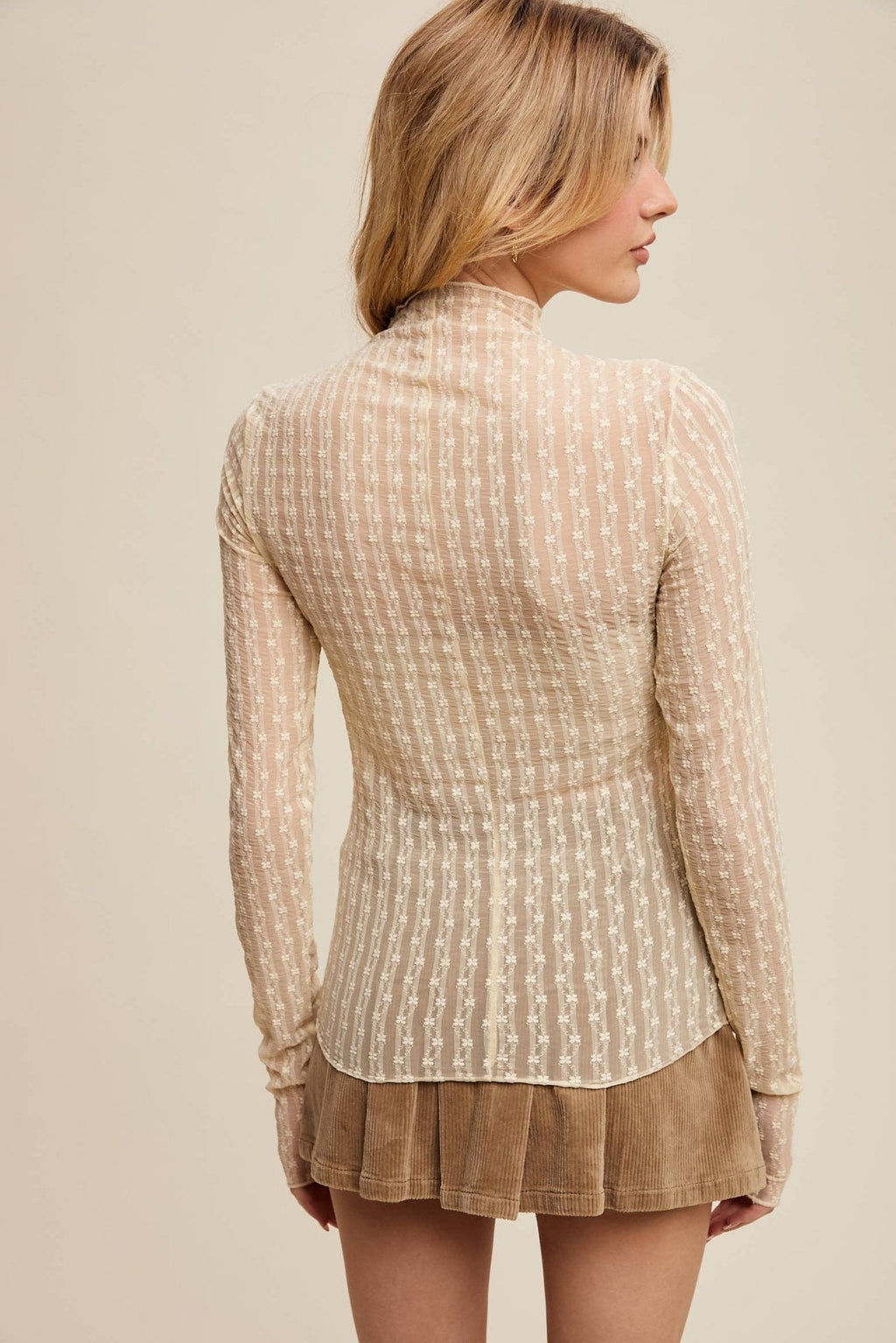 Listicle Lace Long-Sleeve Western Layering Top — Textured High Neck with Ruffle Detail (Tan or Butter) Cowhide and Conchos