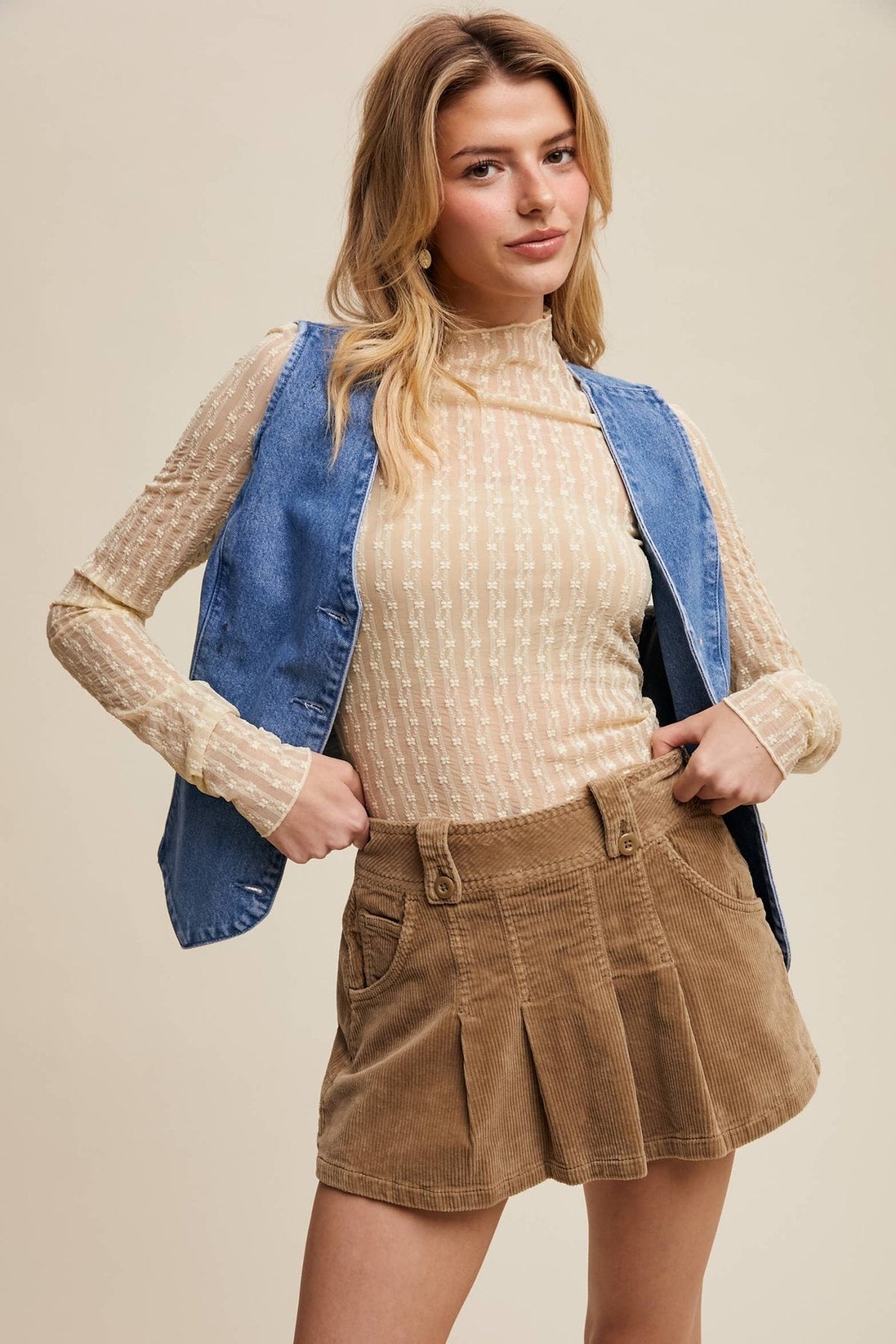 Listicle Lace Long-Sleeve Western Layering Top — Textured High Neck with Ruffle Detail (Tan or Butter) Cowhide and Conchos