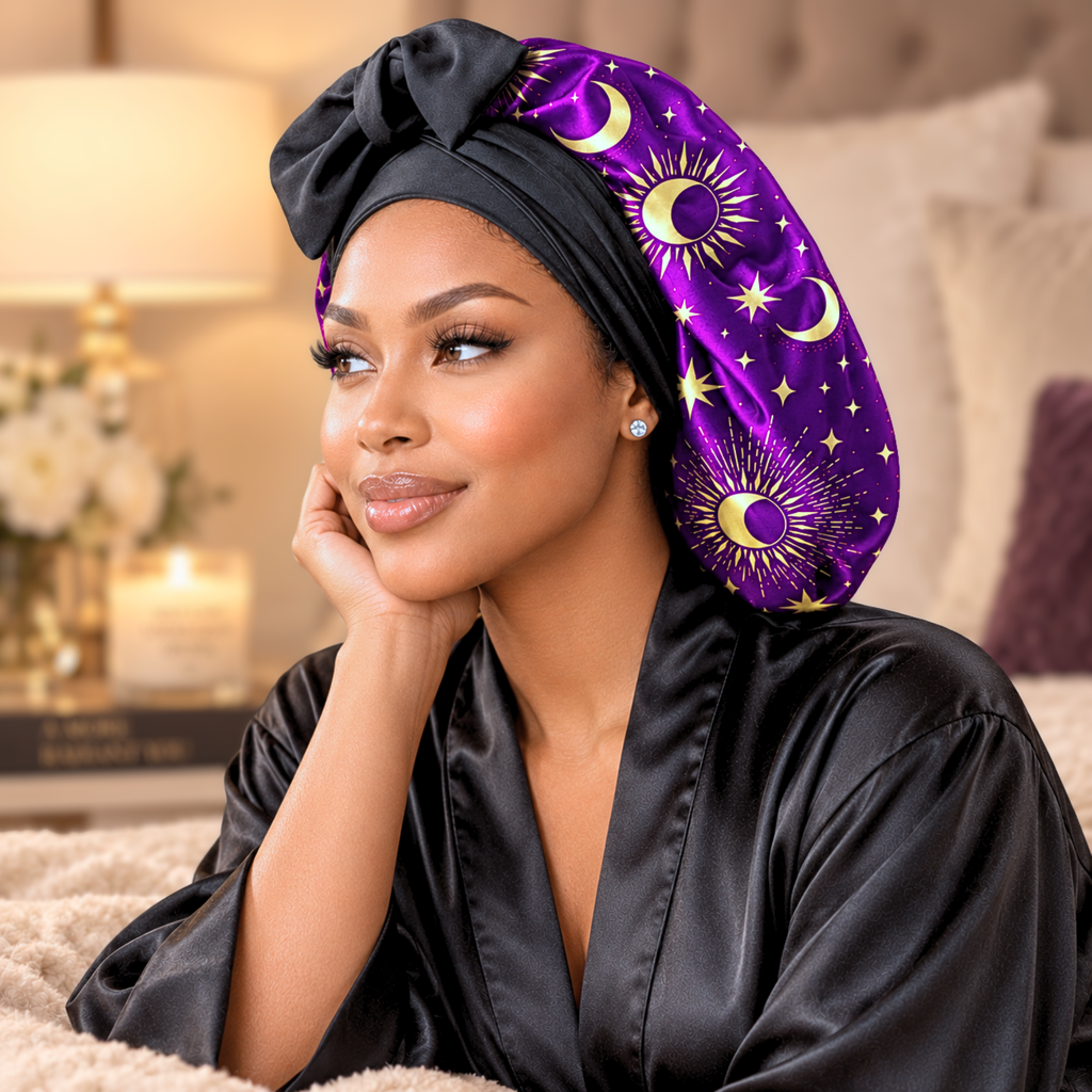 Silk-Blend Satin Bonnet for Sleeping – Non-Slip, Stays On All Night – Adjustable Stretch Ties PHC