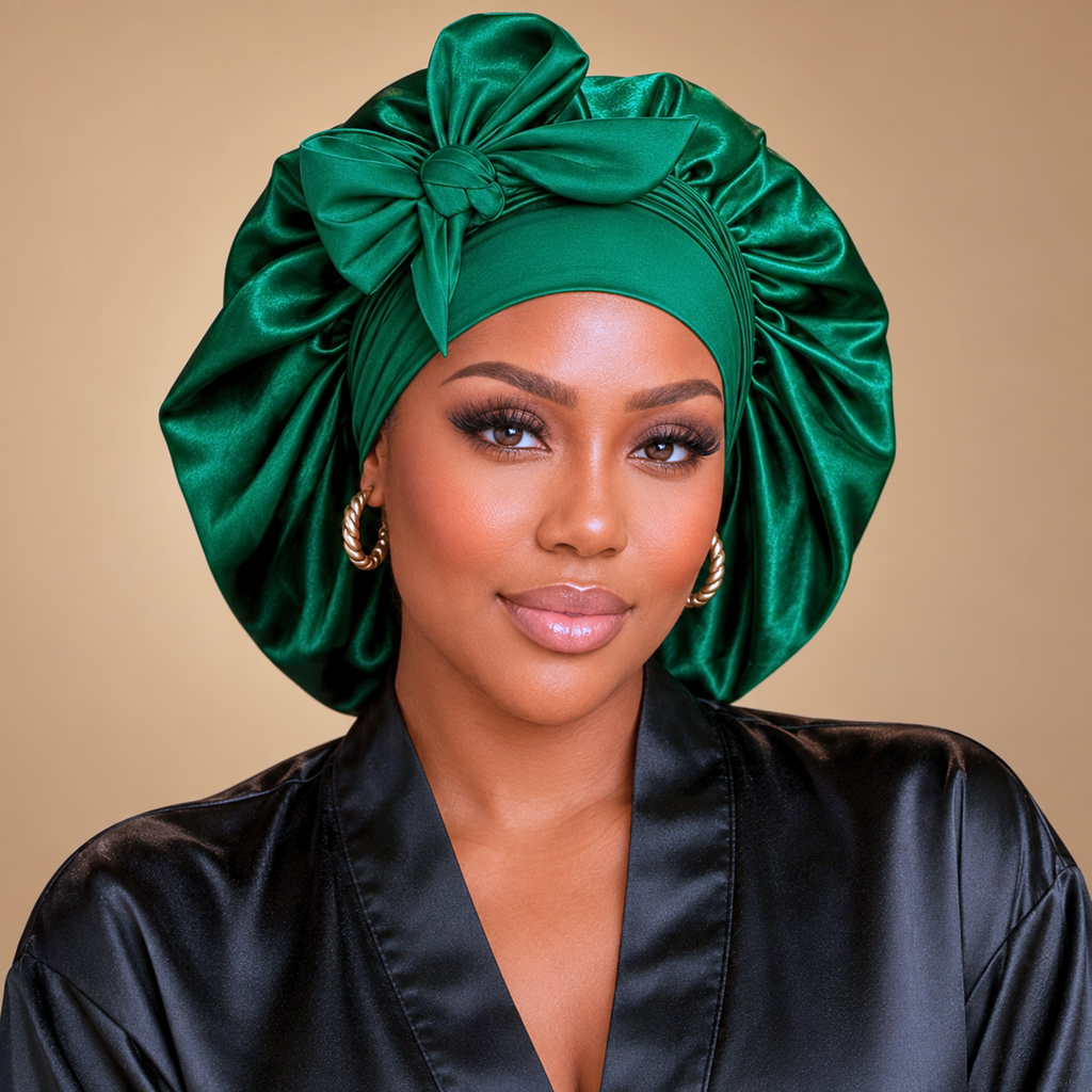 Silk-Blend Satin Bonnet for Sleeping – Non-Slip, Stays On All Night – Adjustable Stretch Ties PHC