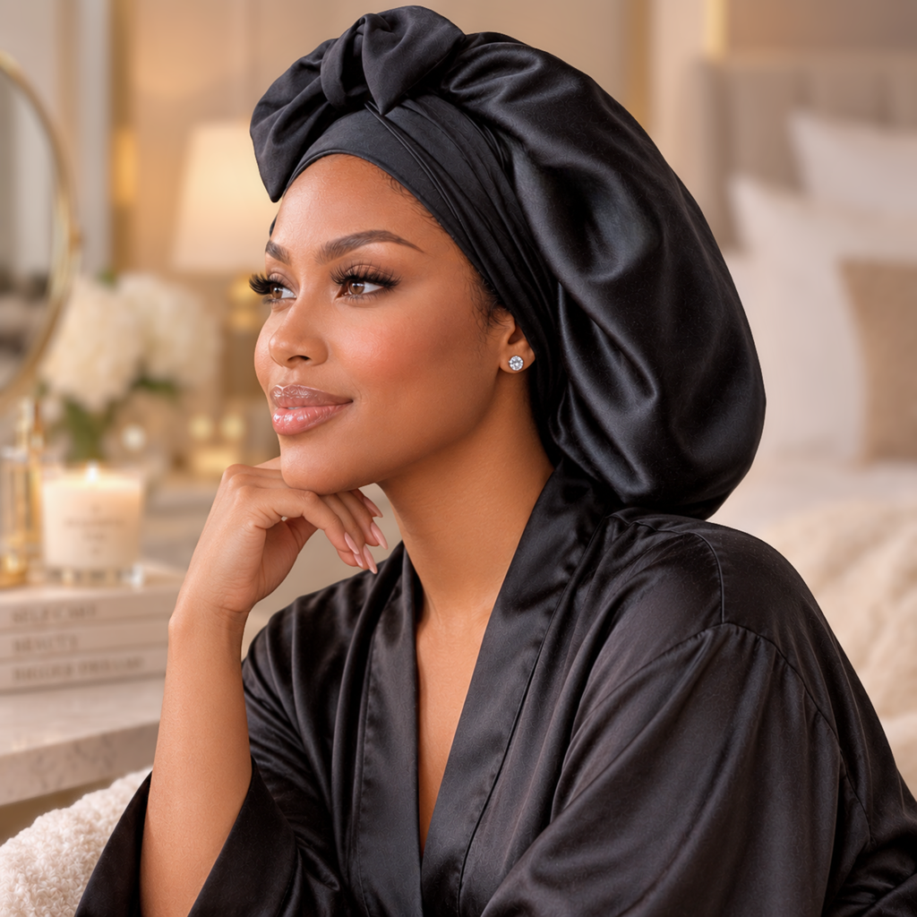 Silk-Blend Satin Bonnet for Sleeping – Non-Slip, Stays On All Night – Adjustable Stretch Ties PHC