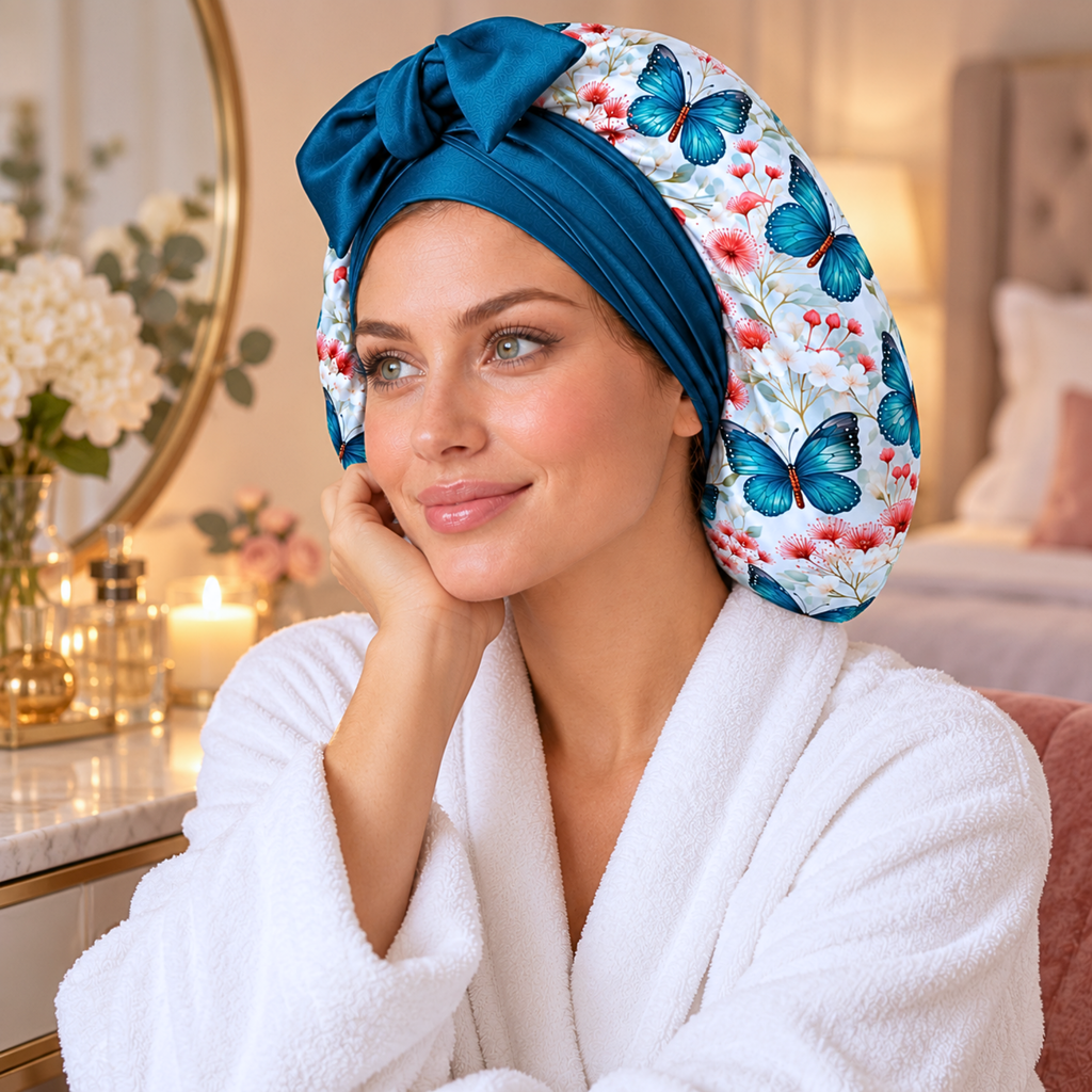 Silk-Blend Satin Bonnet for Sleeping – Non-Slip, Stays On All Night – Adjustable Stretch Ties PHC