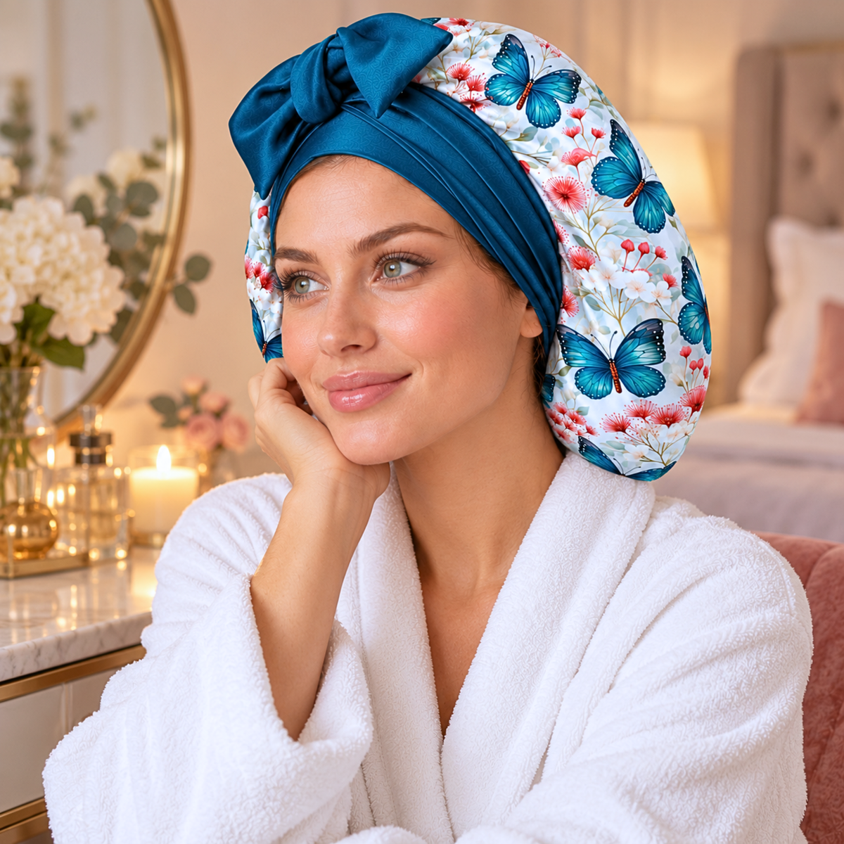 Silk-Blend Satin Bonnet for Sleeping – Non-Slip, Stays On All Night – Adjustable Stretch Ties PHC