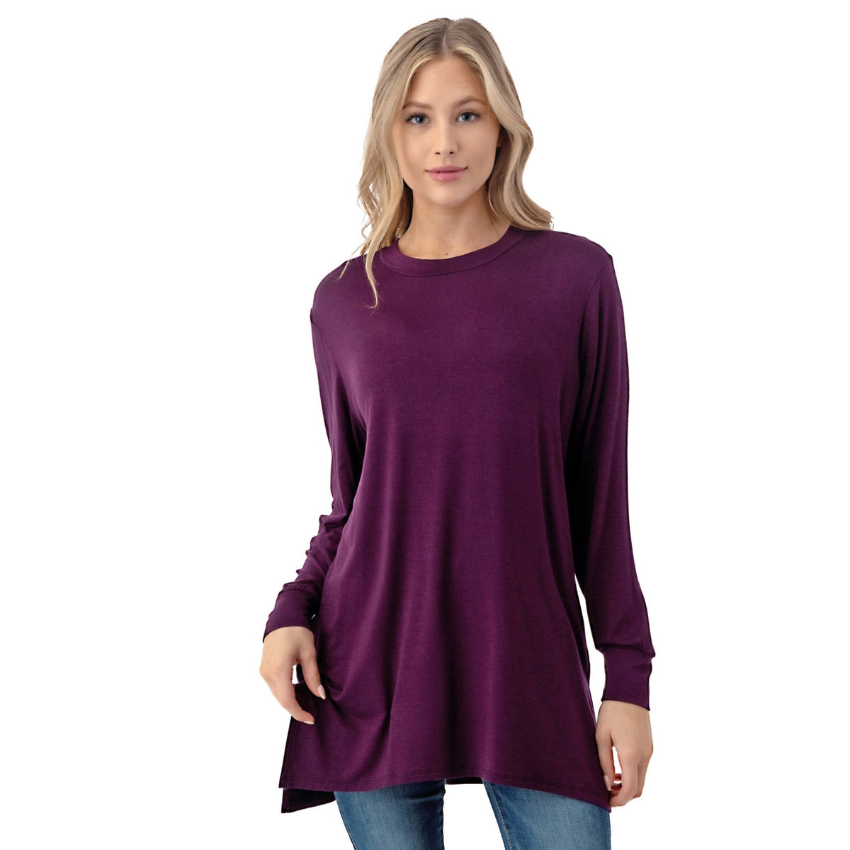 AZULES Long Sleeve Double Side Slit Tunic Western Top — Eggplant Made in USA Layering Staple (Small available) Cowhide and Conchos