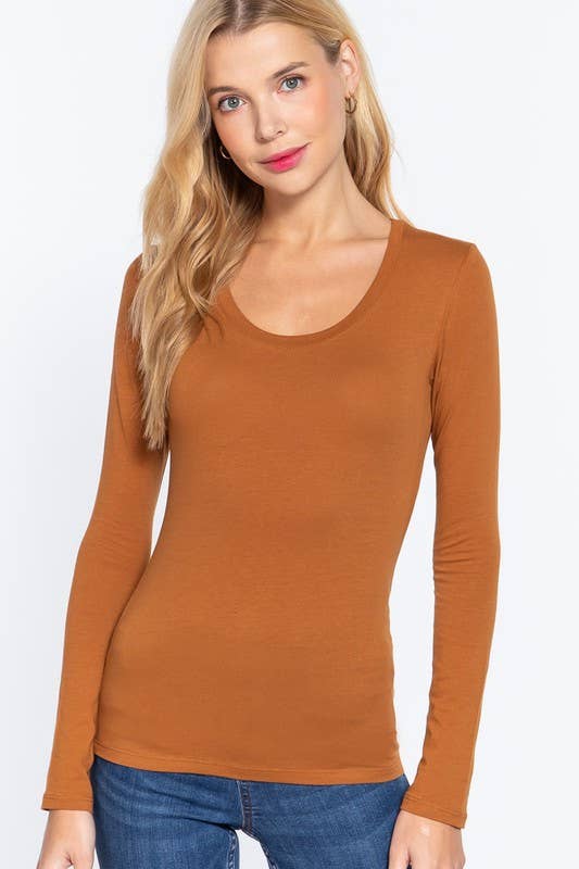 Active Basic Long Sleeve Scoop Neck Western Basics Top — Cotton Layering Staple (Truffle or Petal Pink) Cowhide and Conchos
