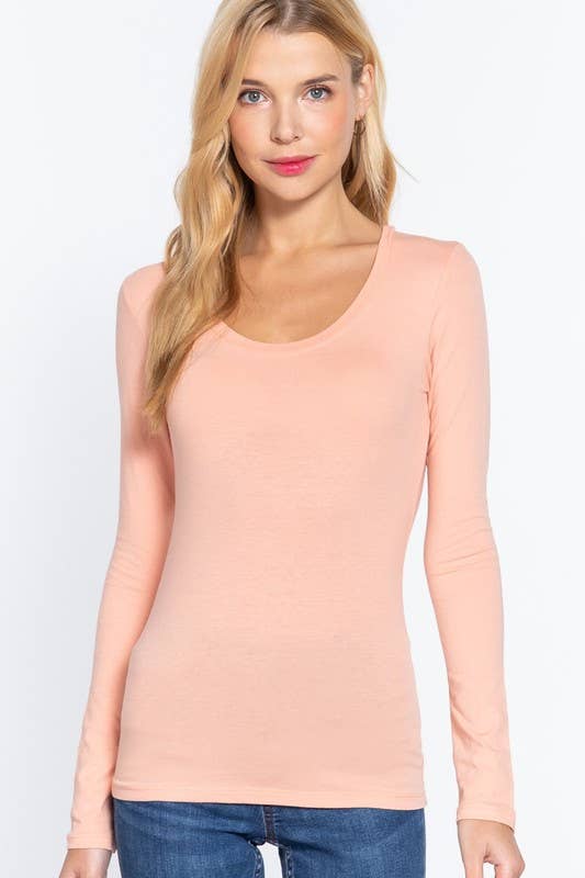 Active Basic Long Sleeve Scoop Neck Western Basics Top — Cotton Layering Staple (Truffle or Petal Pink) Cowhide and Conchos
