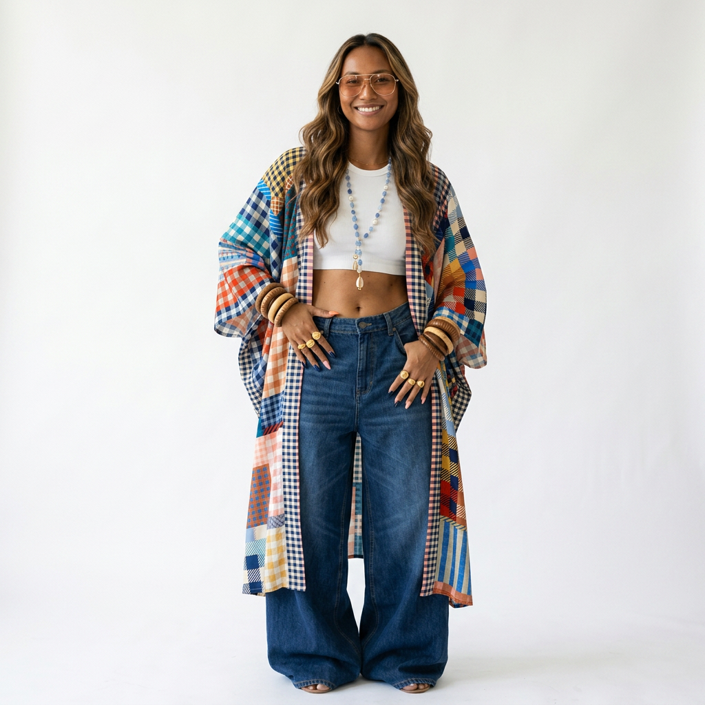 Vibrant Patchwork Kimono Maxi Dress Boho Brown