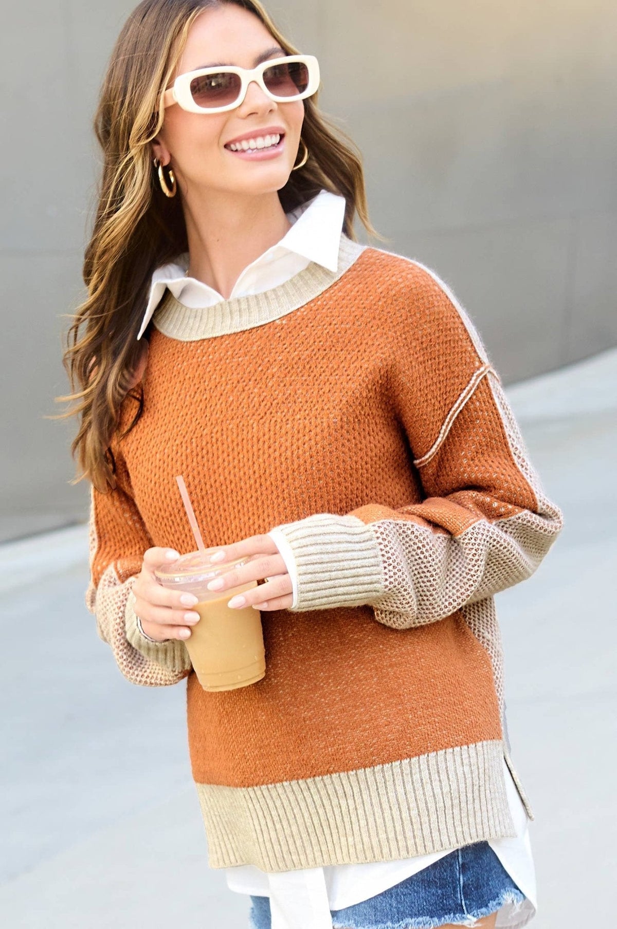 La Miel Loose-Fit Color Block Textured Round Neck Western Sweater — Side Slit Cozy Layering (Baked Ginger or Black Sesame, Medium available) Cowhide and Conchos